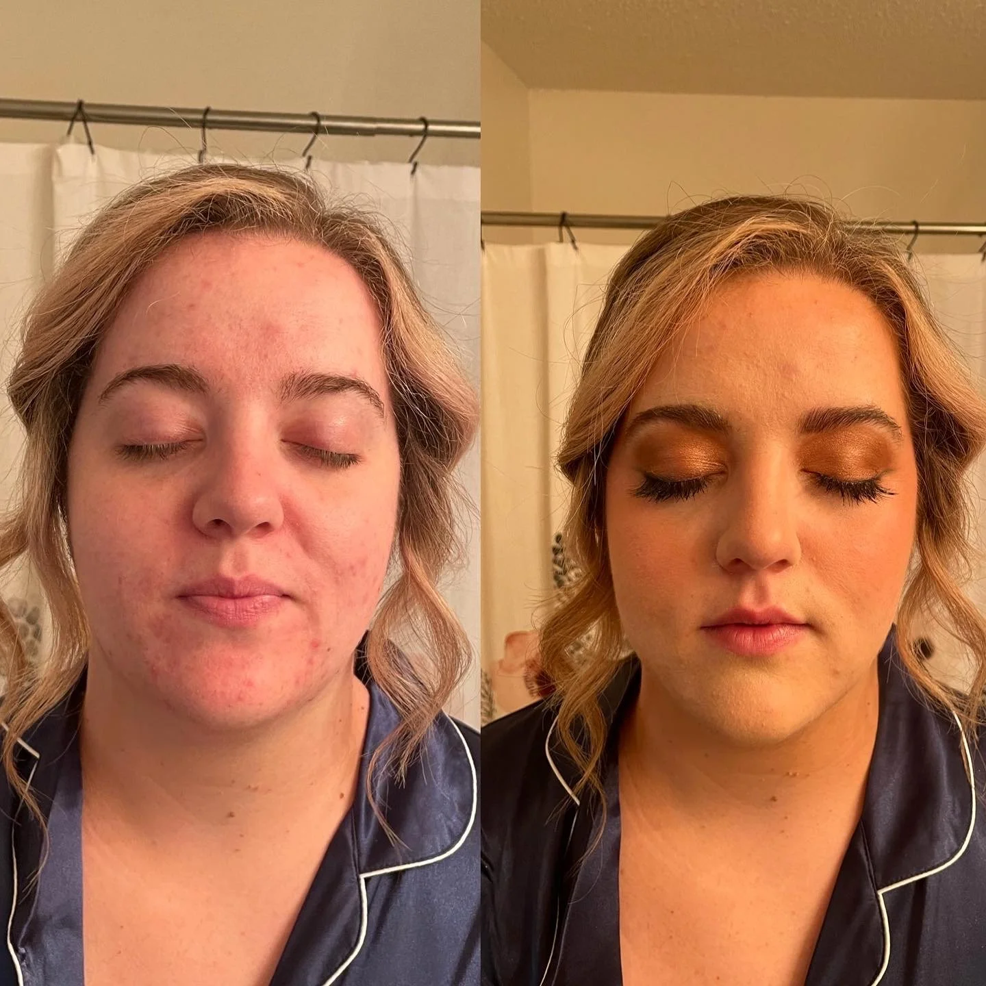 Before and after makeup transformation of a woman with light skin, blonde hair, and wearing navy pajamas, showing her face with minimal makeup on the left and with a full face of makeup on the right, including foundation, eyeshadow, and lipstick.