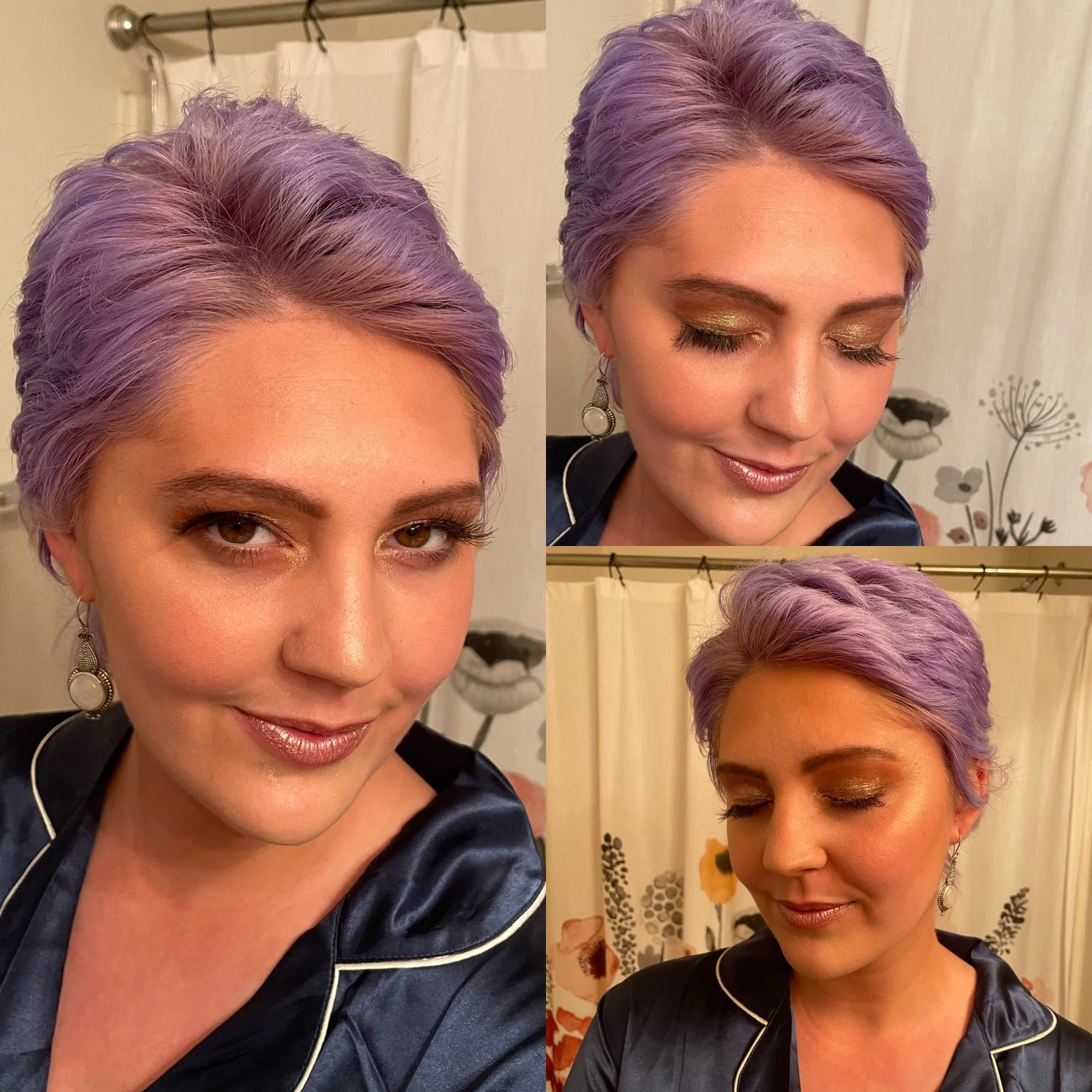 Collage of three photos of a woman with short purple hair, wearing makeup, earrings, and a dark satin top with white piped edges, in front of floral curtains.