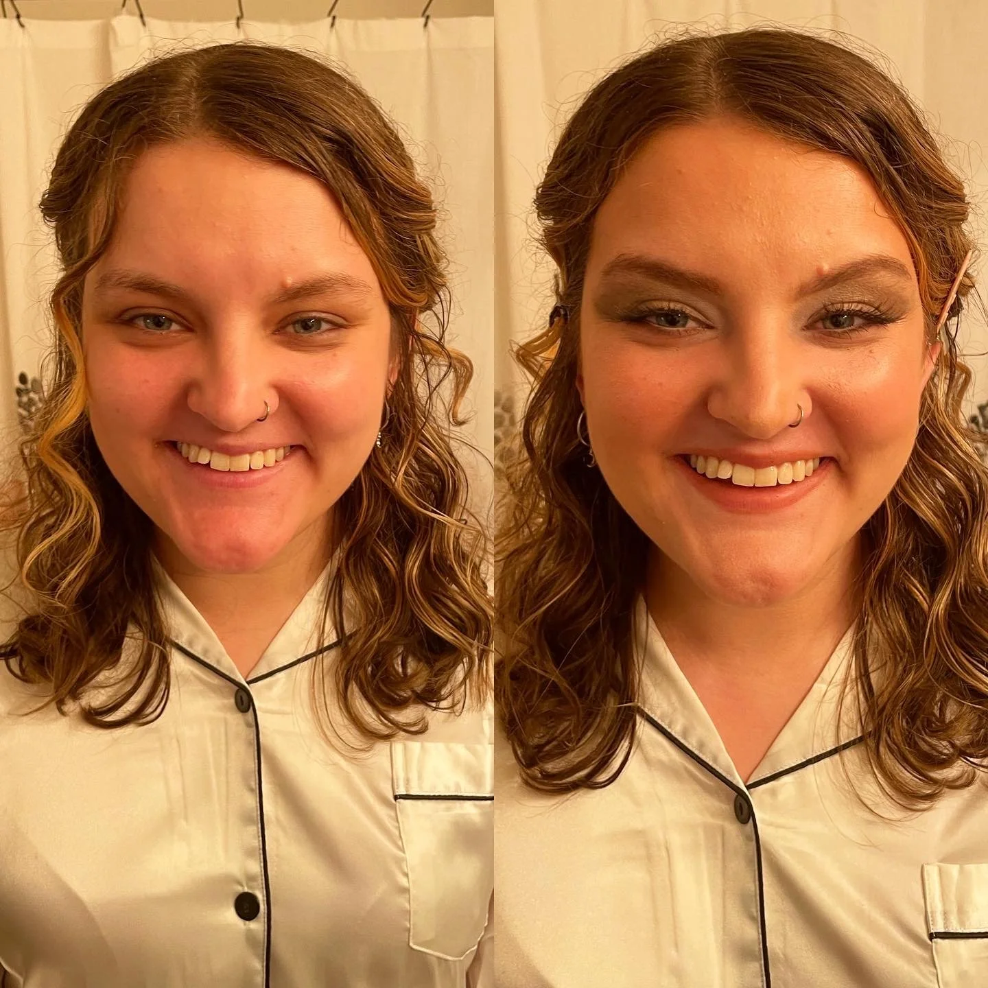 Before and after makeup transformation of a woman with light skin, curly brown hair, and a nose ring, wearing cream-colored pajamas with black piping, standing in front of a white curtain.
