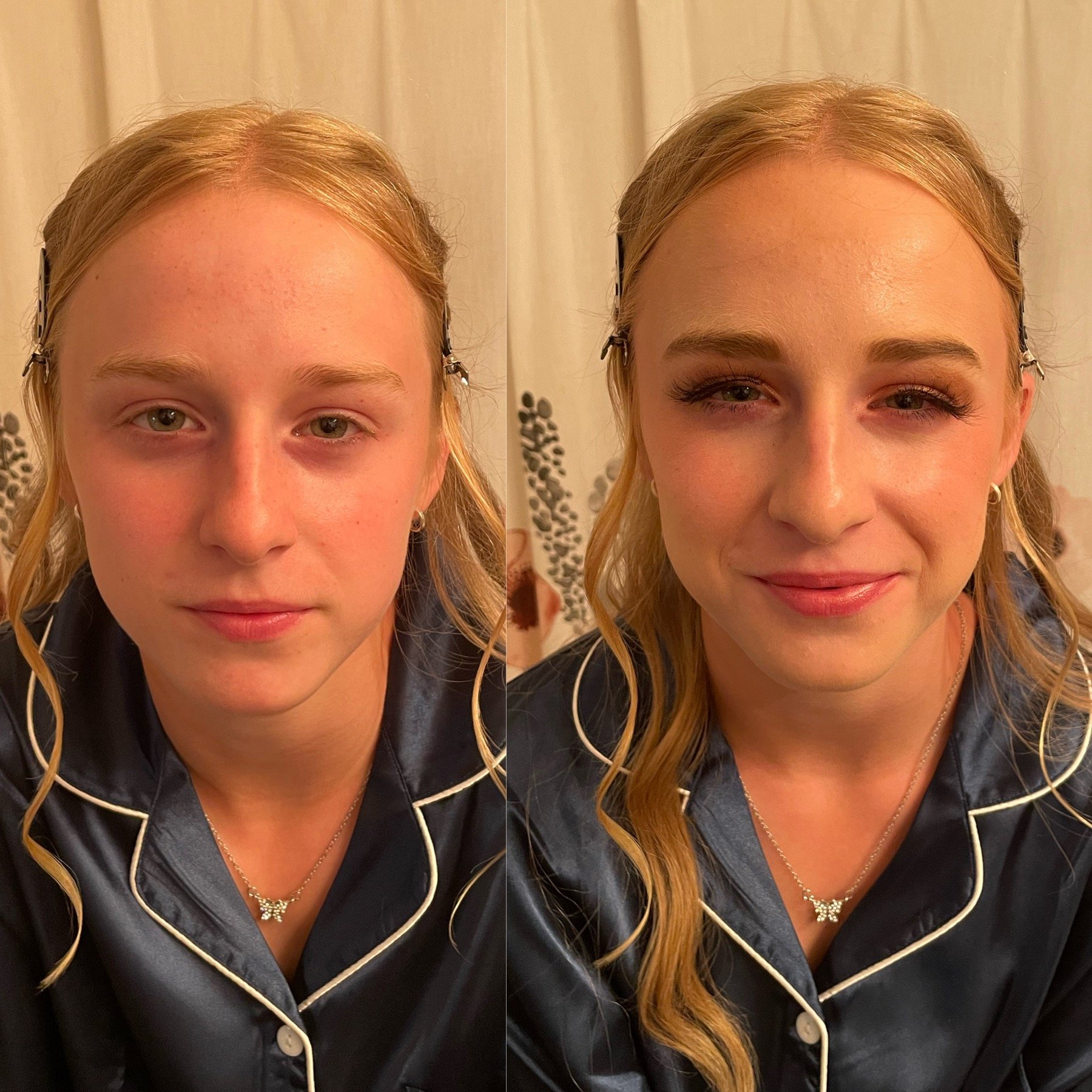Side-by-side photos of a woman before and after makeup application. The left image shows the woman with a natural look, and the right image shows her with makeup, including eye makeup and lipstick.