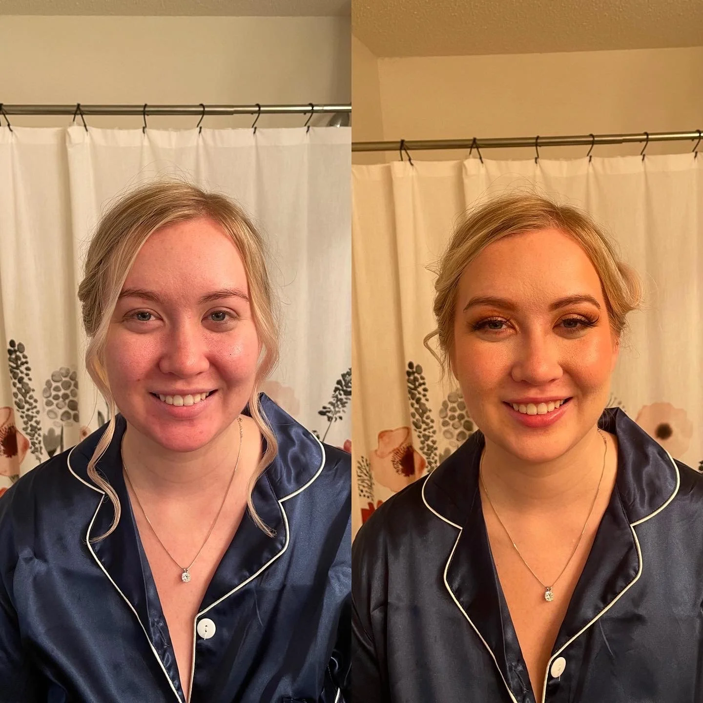 Side-by-side photos of a woman before and after makeup application, wearing a navy satin pajama top with white piping, with a floral curtain in the background.