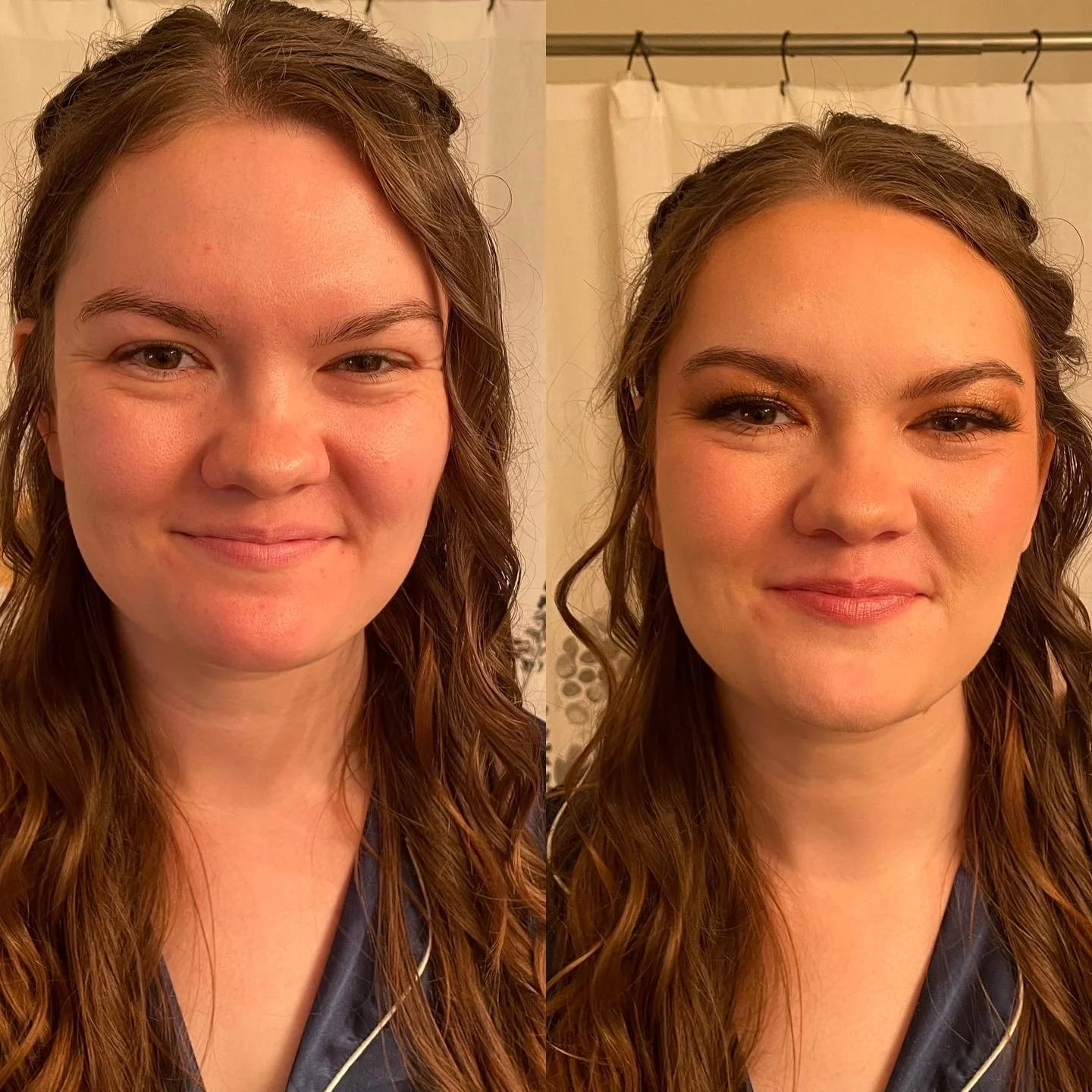 Side-by-side comparison of a woman with natural makeup on the left and after makeup application on the right, both with long, wavy brown hair.