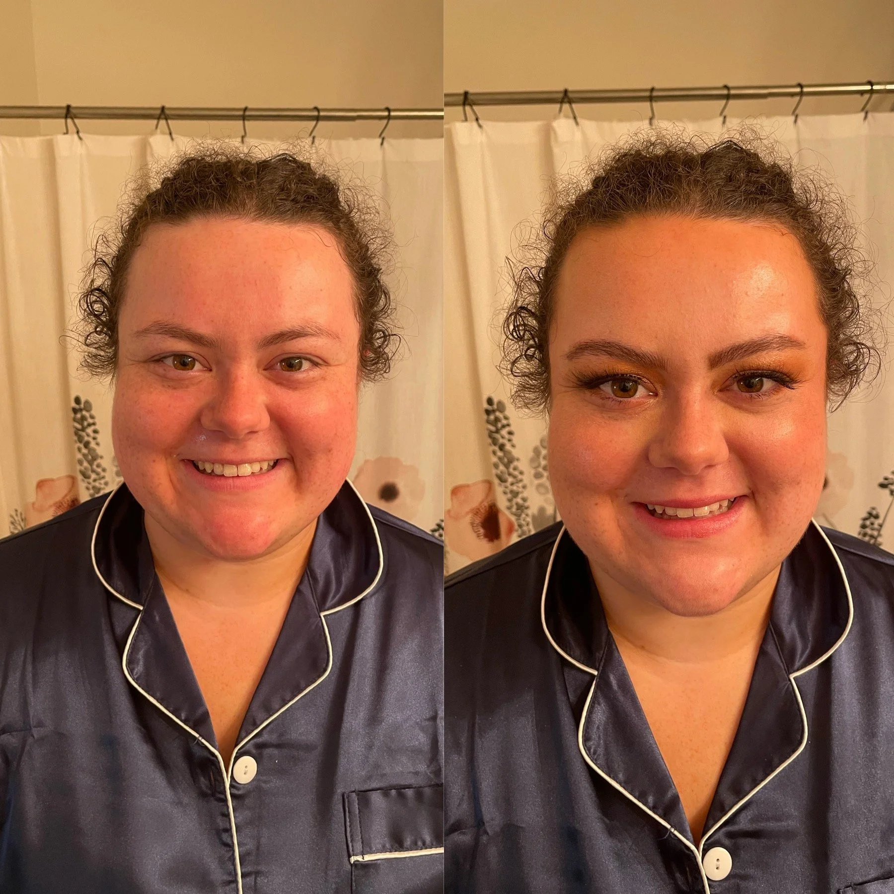 Comparison of a woman's face before and after makeup application, wearing navy pajamas in front of a curtain.