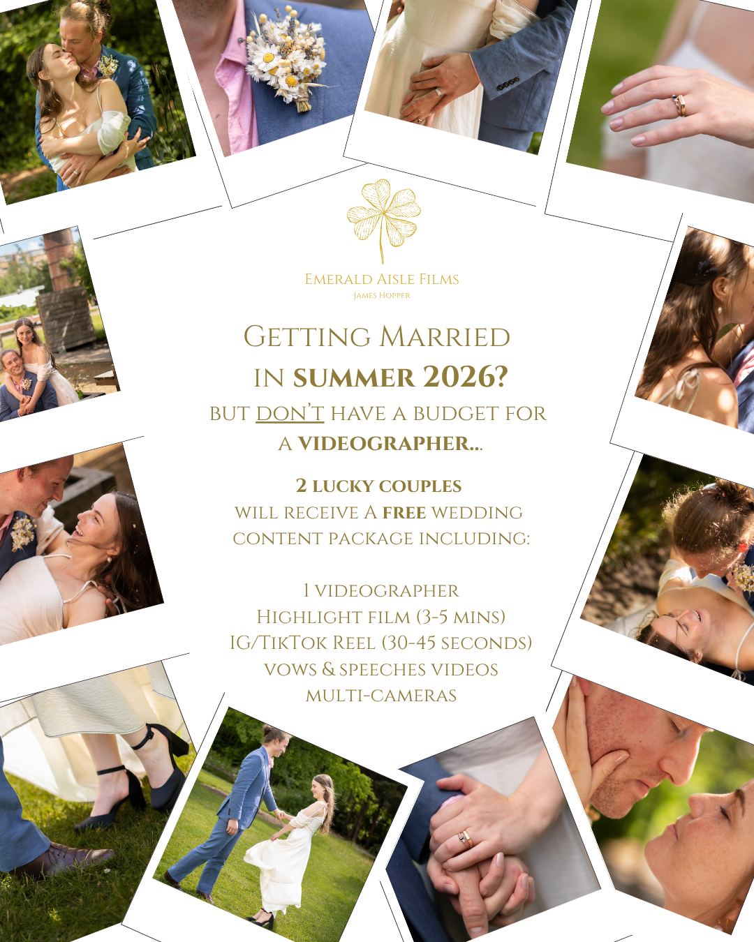 Flyer for free wedding videography contest featuring multiple photos of couples at their weddings and engagement, with text about winning a free wedding content package.