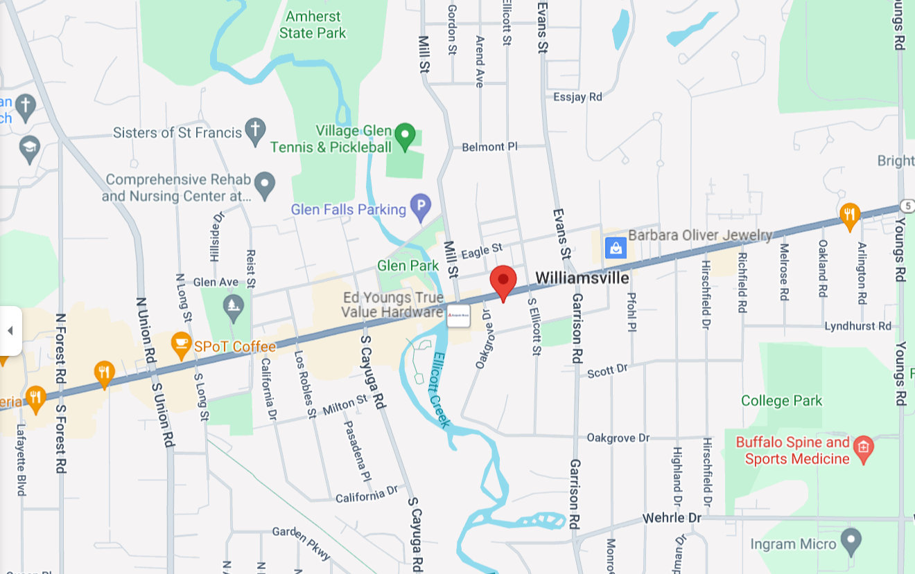 Map of Williamsville, New York, showing streets, landmarks, and parks, including Glen Park, Amherst State Park, and local businesses like SPoT Coffee and Ed Youngs True Value Hardware.