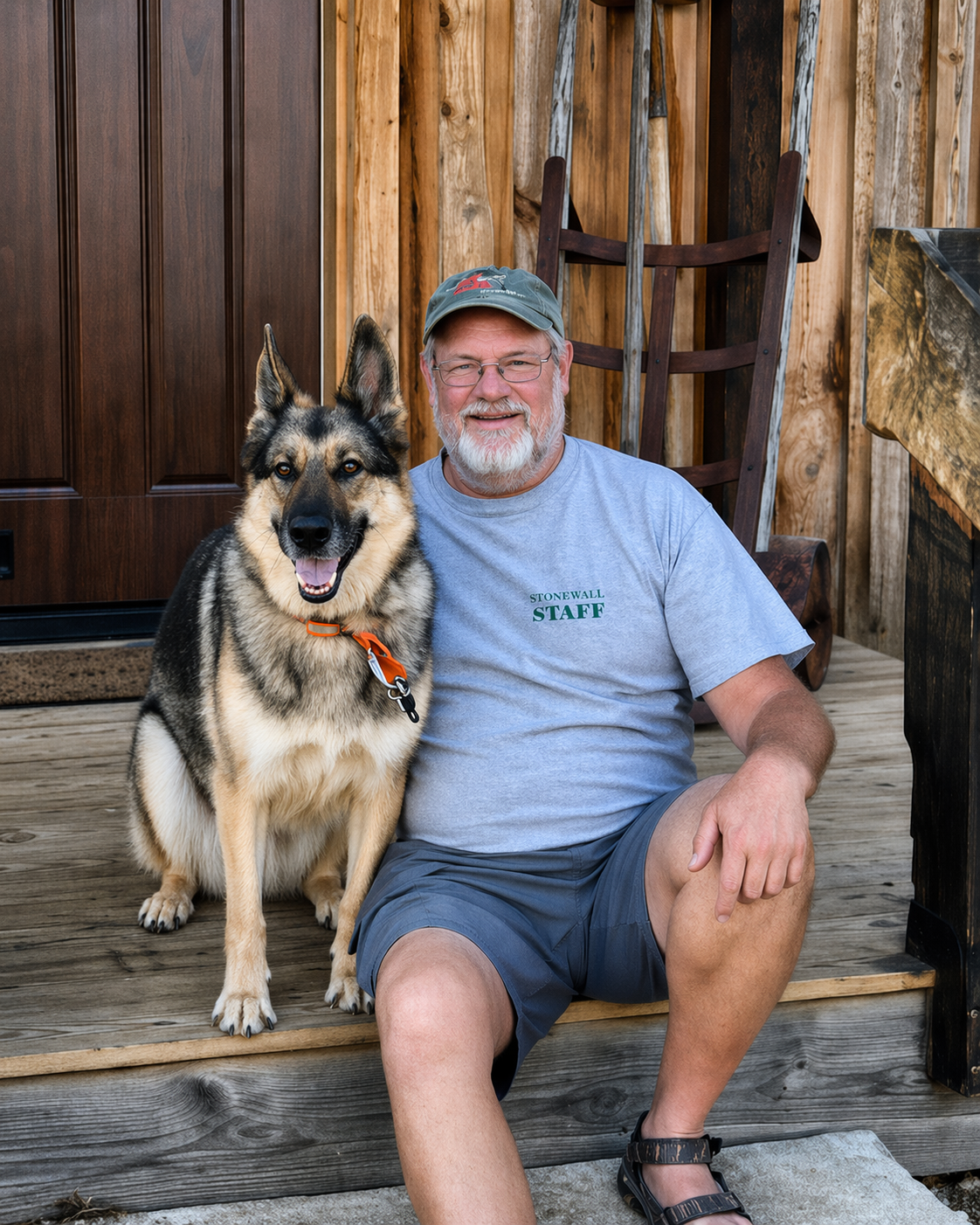 A man and a dog sitting on wooden stairs outside a building, smiling at the camera. The man is wearing a gray t-shirt with 'Stonewall Staff' written on it, glasses, and a cap. The dog is a large fluffy breed, possibly a German Shepherd mix, wearing an orange collar.