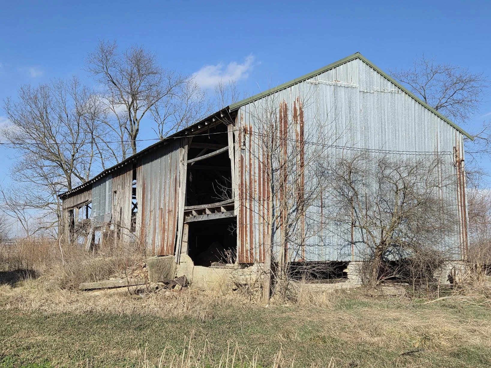An old, weathered barn with rusted metal siding and missing sections, surrounded by leafless trees and dry grass under a clear blue sky.