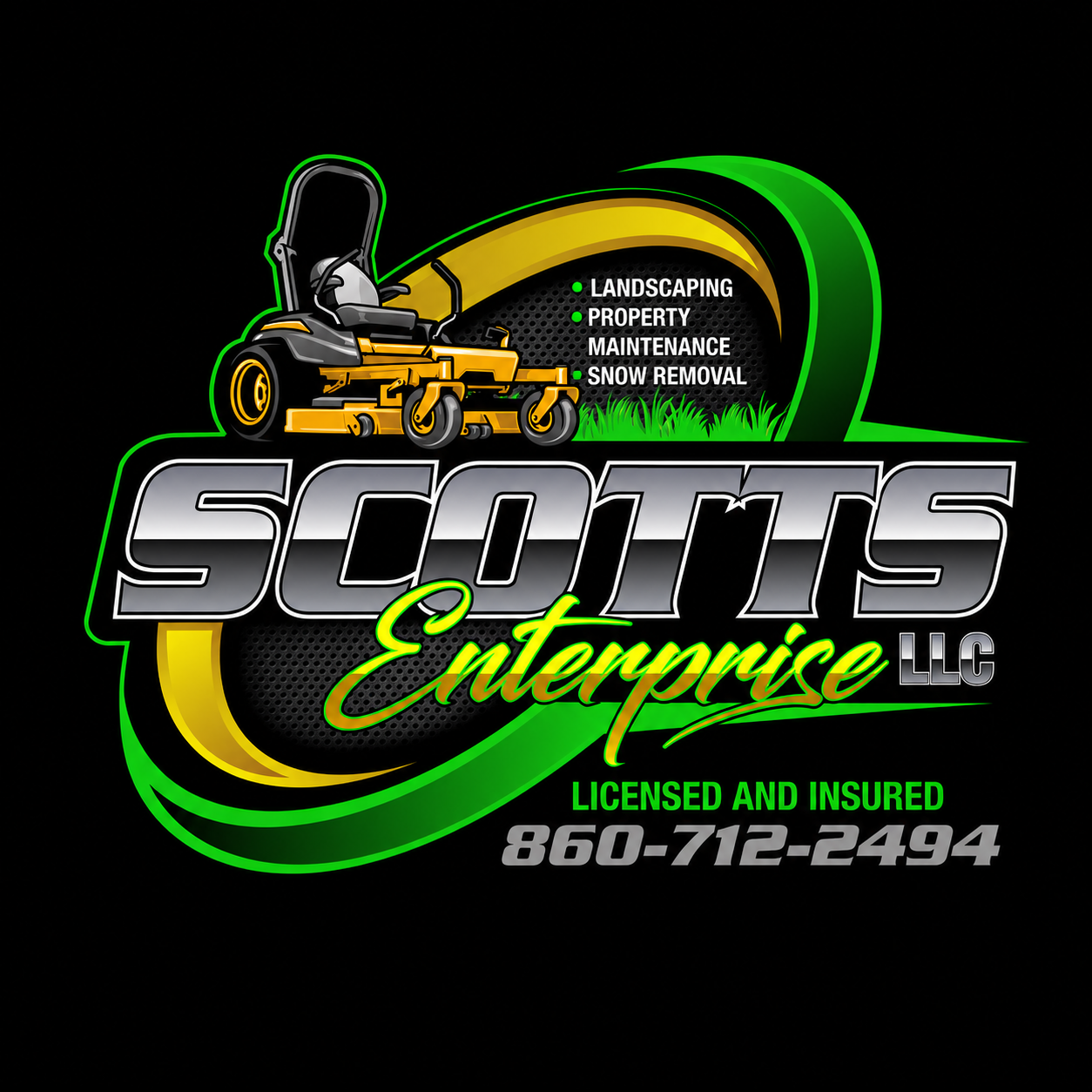 Logo for Sports Enterprise LLC featuring a riding lawn mower and listed landscaping services such as landscaping, property maintenance, and snow removal. Includes contact number 860-712-2494, with the text 'Licensed and Insured'.