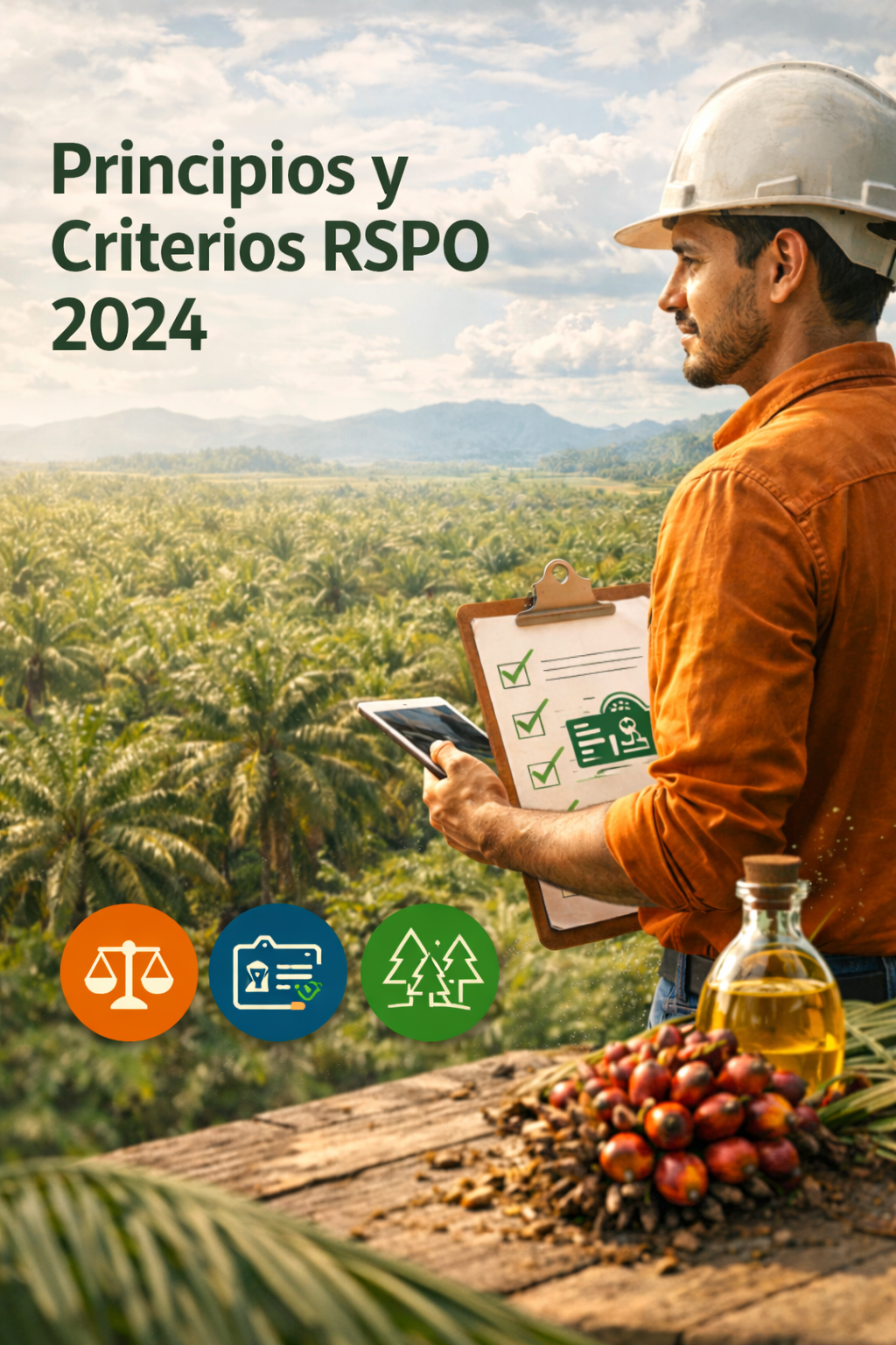 Un hombre con casco de seguridad revisando un teléfono móvil y una lista de verificación en un campo de cultivo de palmeras, con un frasco de aceite y un racimo de fruta en primer plano y un cielo nublado de fondo.