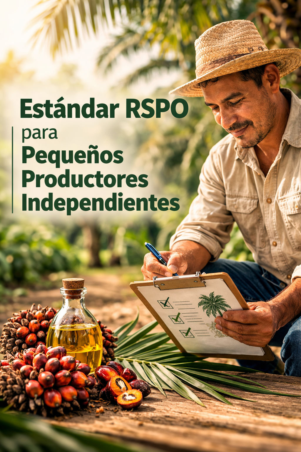 Hombre con sombrero de paja revisando una lista de control para pequeños productores independientes en un campo con vegetación tropical. En primer plano, hay fruta, aceite y hojas de palma en una mesa de madera.