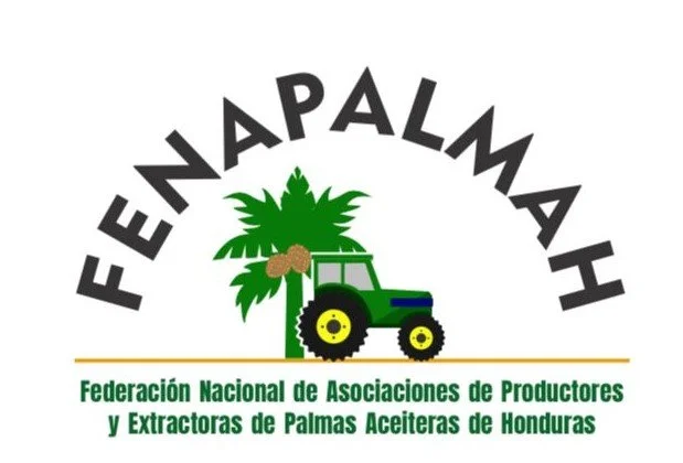Logotipo de la Federación Nacional de Asociaciones de Productores y Extractoras de Palmas Aceiteras de Honduras, que incluye una palma, un tractor y texto en español.