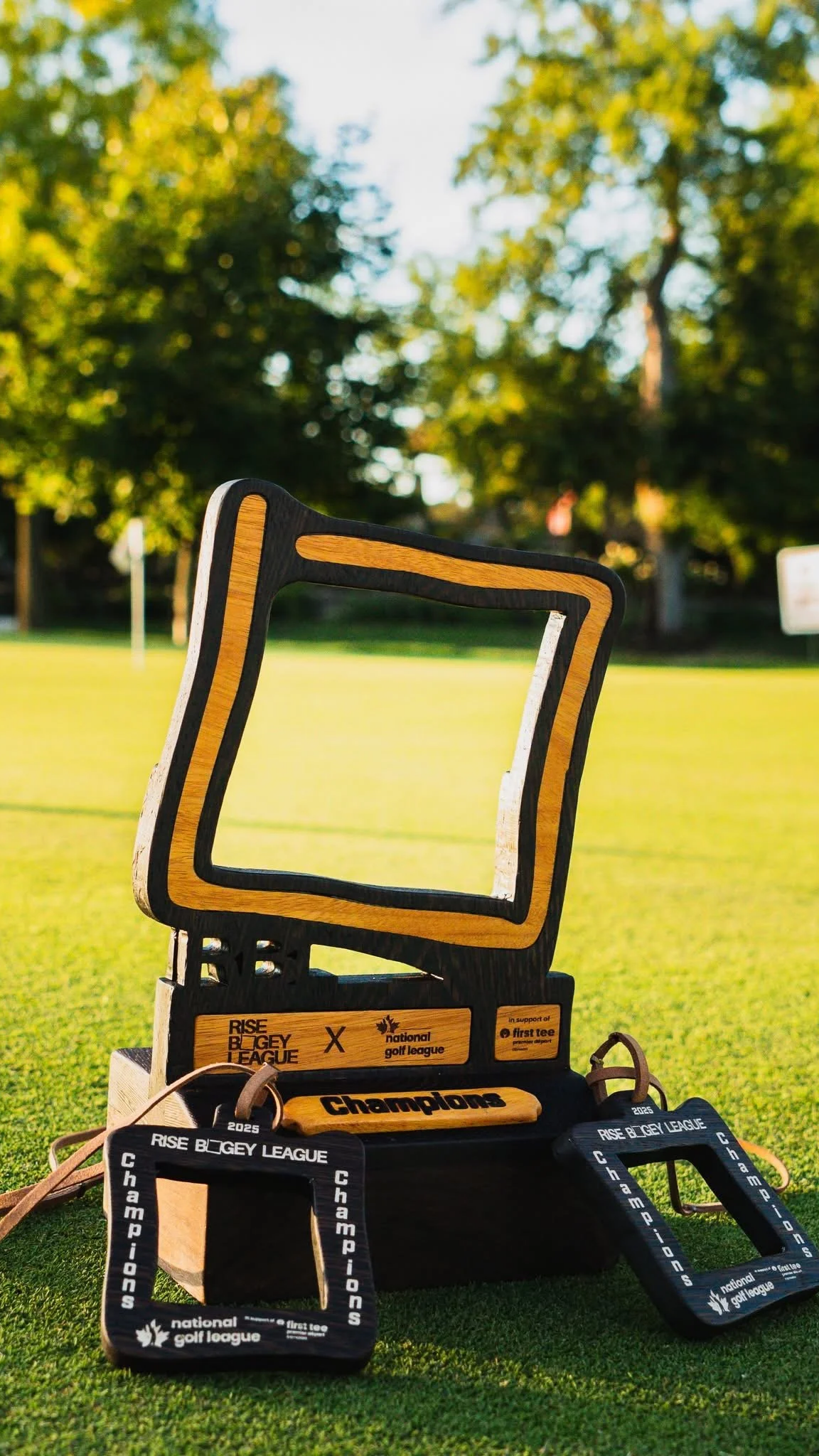 A wooden golf trophy shaped like a square frame, with two championship medals in front, on a grassy golf course.