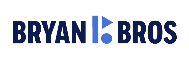 Bryan Bros logo with stylized play button and face silhouette between the words Bryan and Bros.
