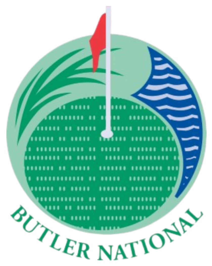 Logo of Butler National Golf Club featuring a decorated golf ball with a red flag, grass, and water elements.