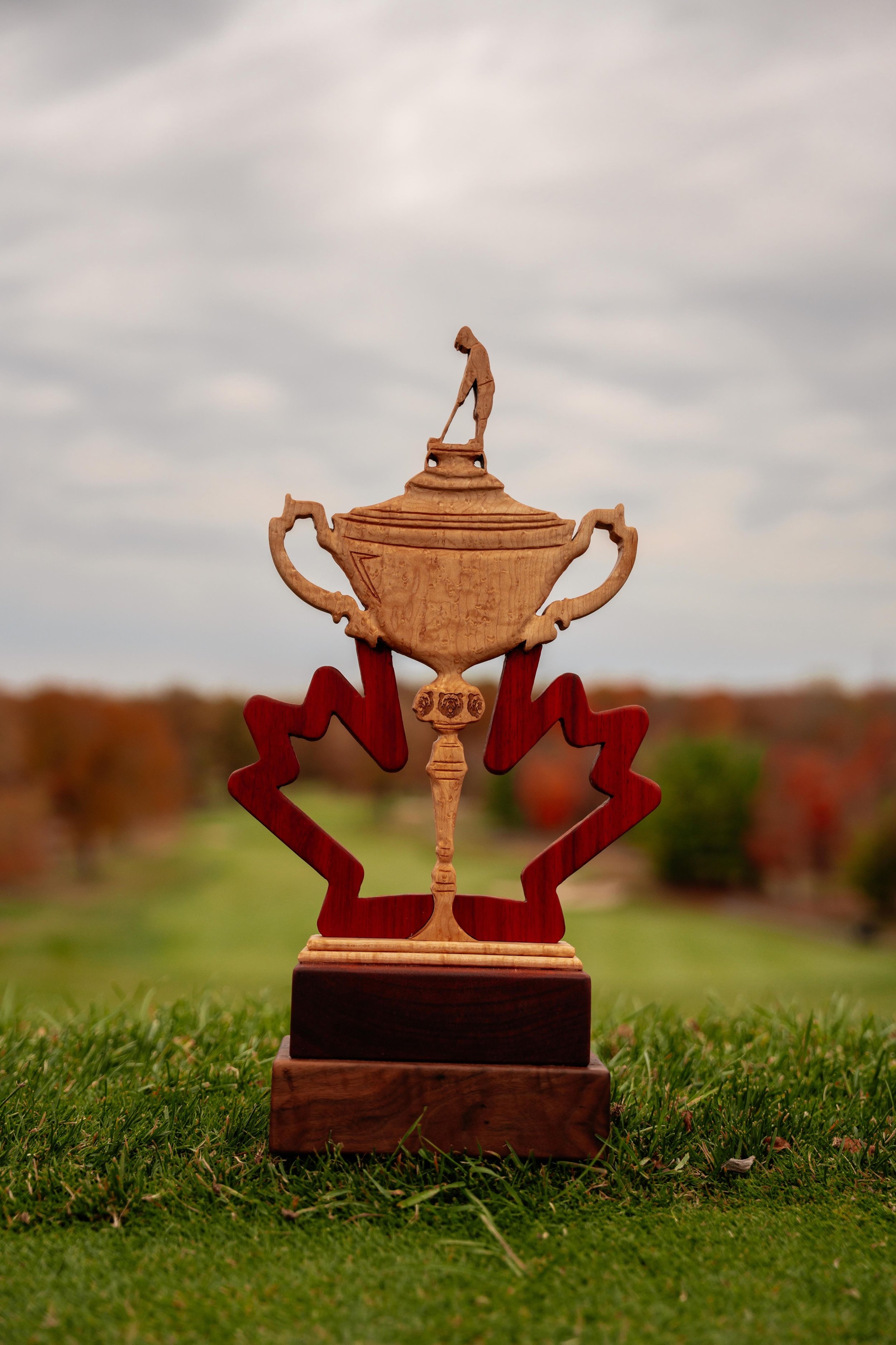 A trophy with a cup shape on top, supported by a red maple leaf and a wooden base, placed on grass with trees and a cloudy sky in the background.