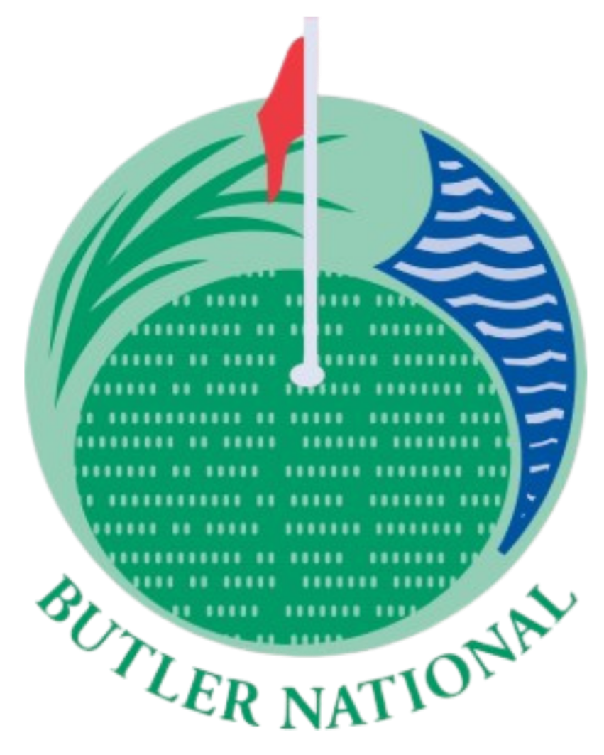 The logo of Butler National Golf Club features a green golf course with a flagpole and flag, blue water on the right, and green grass on the left. The name "Butler National" is written below in green and purple text.