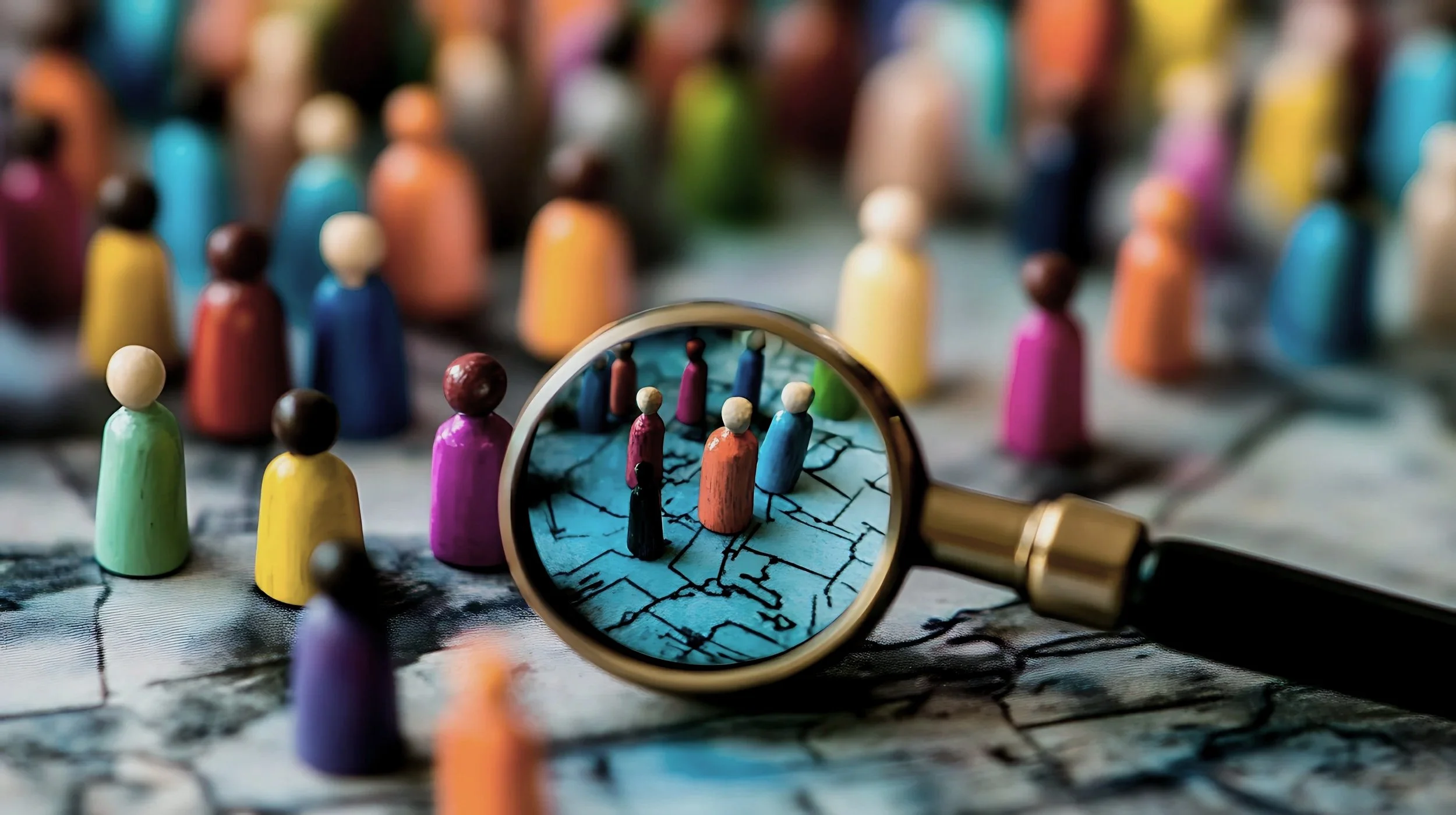 Colorful game pieces with a magnifying glass over a map.