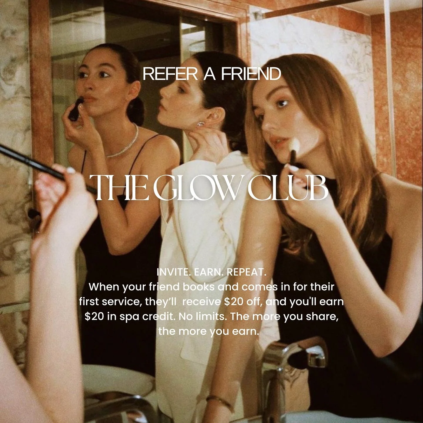 Refer a friend &rarr;
They receive $20 off their first treatment.
You receive $20 in studio credit. 

unlimited referrals, unlimited credit. 🤍