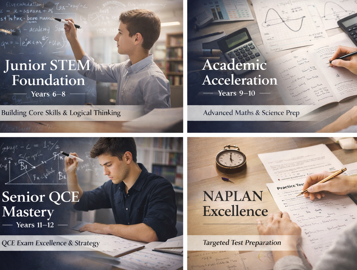 Programs for year 6-8, year 9-10, year 11-12, and NAPLAN. Support services also provided.