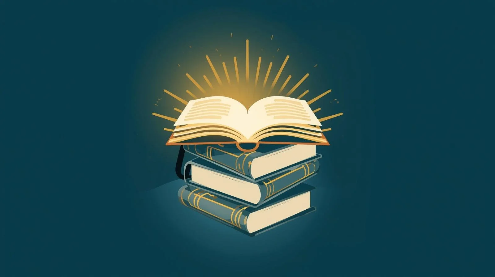 An illustration of a stack of three books with an open book on top emitting a glowing golden light and rays.