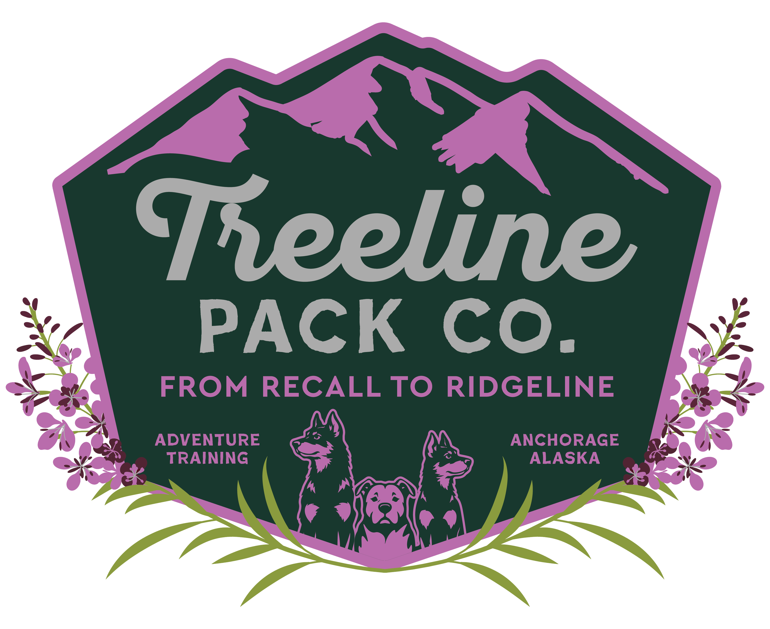 A logo for Treeline Pack Co. featuring a mountain range, two dogs, a bear, and decorative flowers. The text reads "From Recall to Ridgeline," with the locations "Adventure Training" and "Anchorage Alaska."