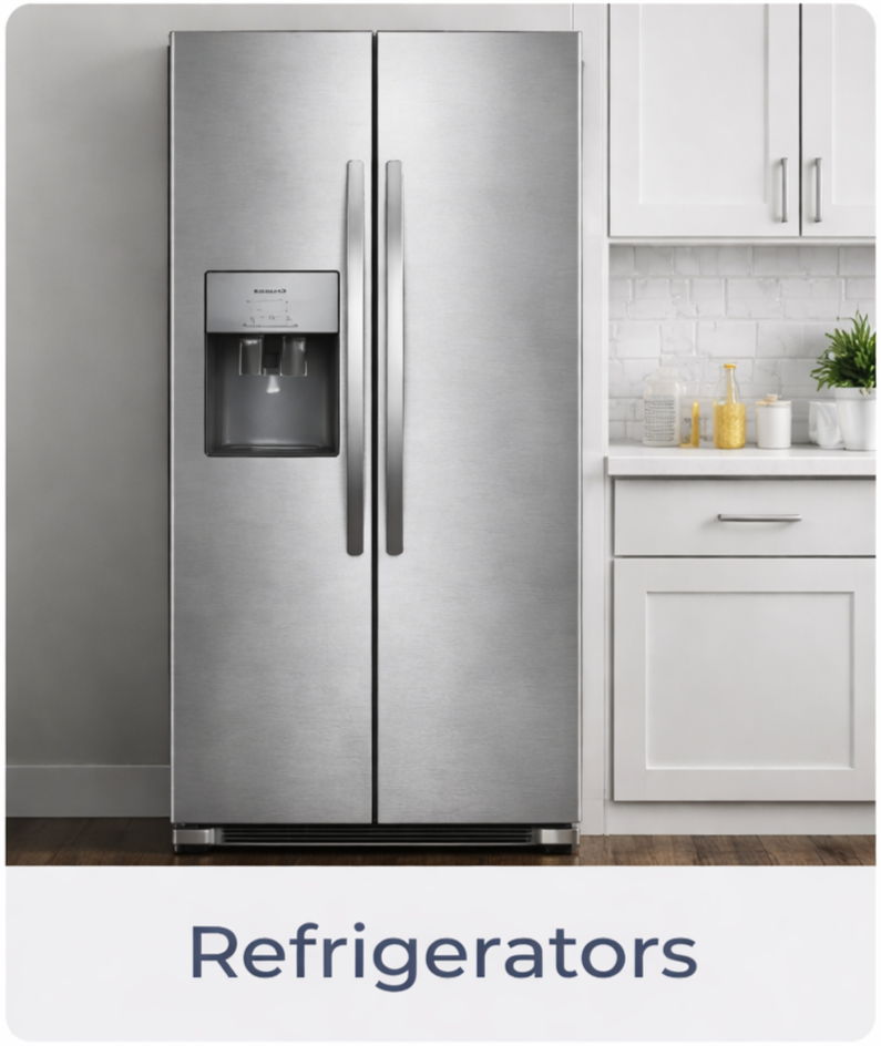 Silver side-by-side refrigerator with water and ice dispenser next to a white kitchen cabinet with countertop and decorative items.