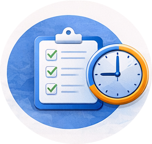 Clipboard with checkmarks and a clock indicating time management or scheduling.