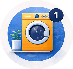 Animated washing machine with a notification badge, in a blue circle background, with a potted plant nearby.