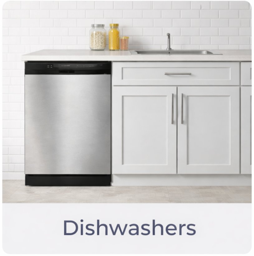 Modern kitchen with a built-in dishwasher, white cabinets, a white countertop, a stainless steel sink, and glass jars with pasta, rice, and spices on the counter.