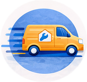 An illustration of a yellow delivery van with a wrench icon on the side, moving quickly with motion lines, against a blue circular background.
