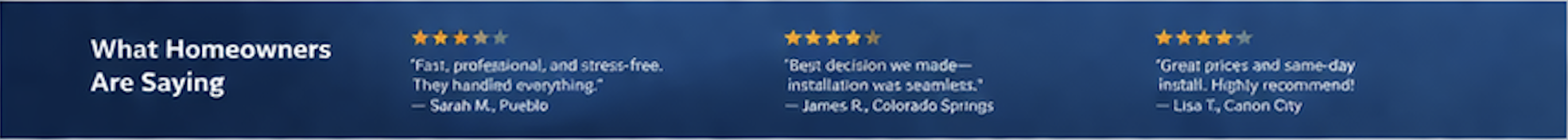 Customer reviews and star ratings on a blue background, praising a service or product for its professionalism, smooth installation, and affordability.