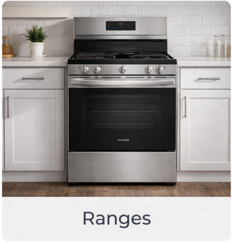 Stainless steel kitchen range stove with digital display, surrounded by white cabinets and countertop, with potted plant and jars nearby.