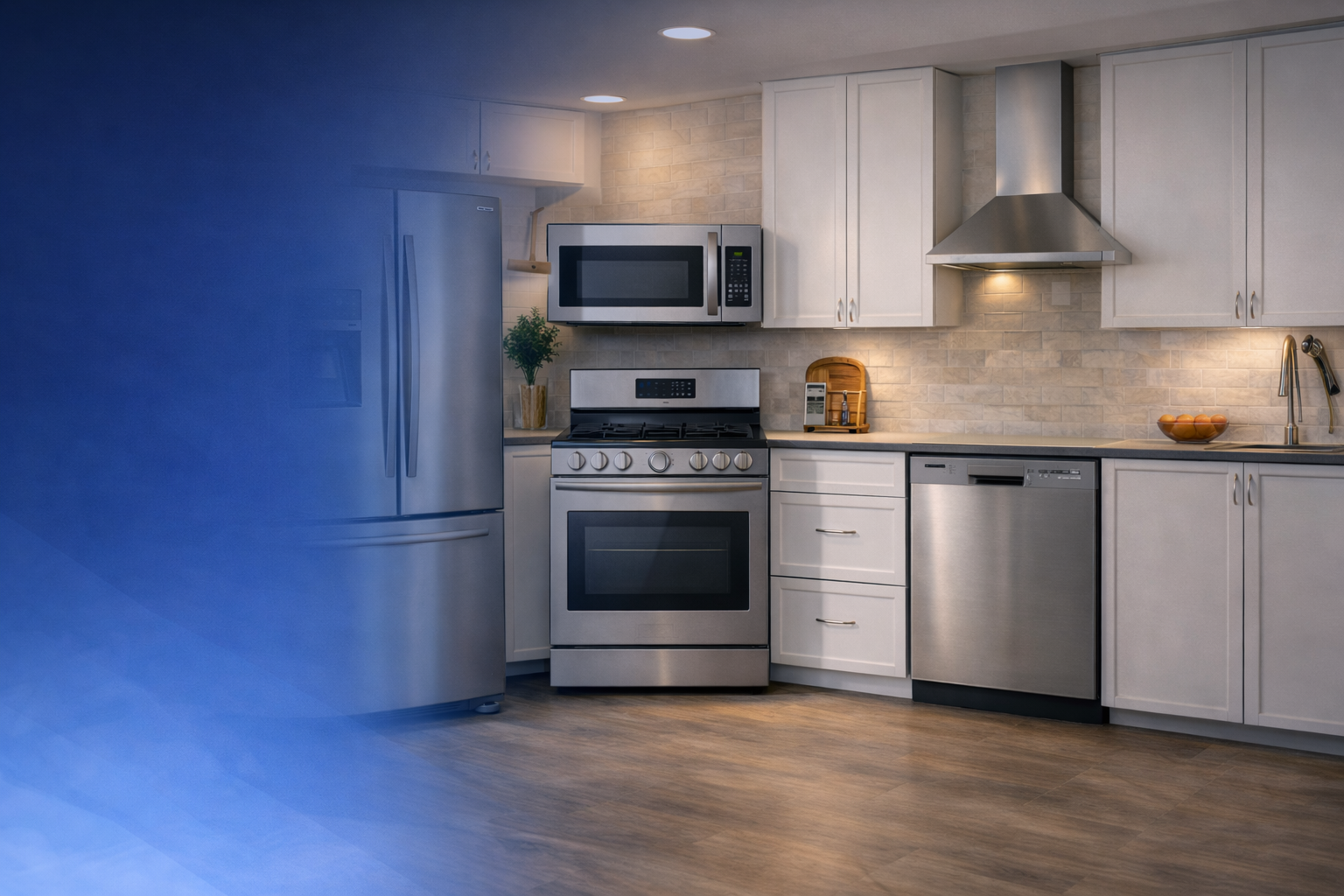 Modern kitchen with stainless steel appliances, white cabinets, a microwave, oven, stove, dishwasher, and a sink, illuminated by ceiling lights.