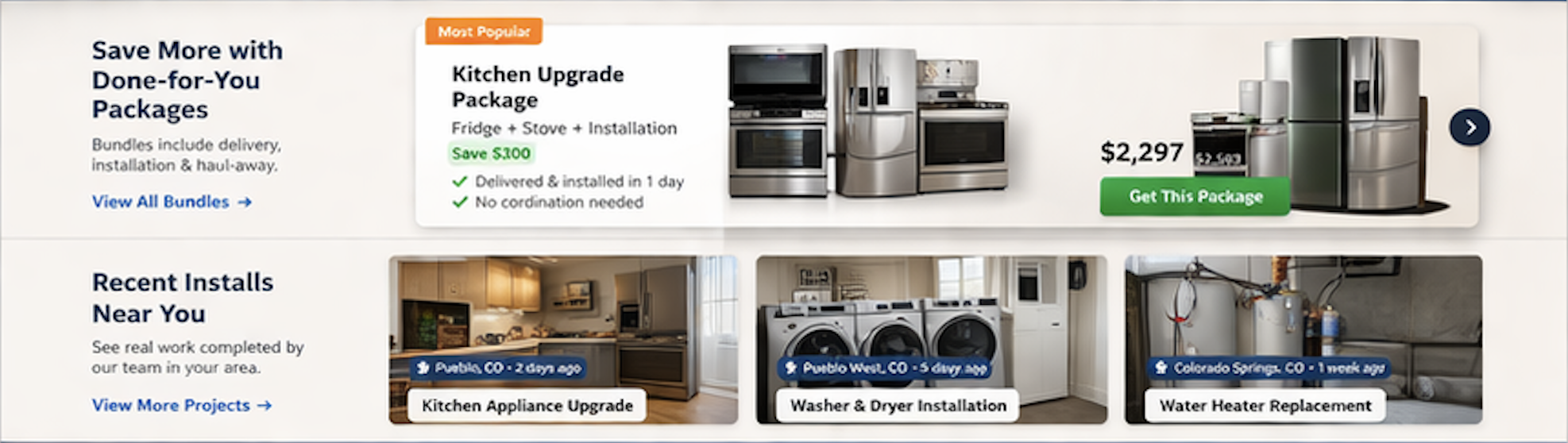 Advertisement for kitchen upgrade packages featuring stainless steel refrigerator, microwave, and oven, with a green button saying 'Get This Package' and a price of $2,297.