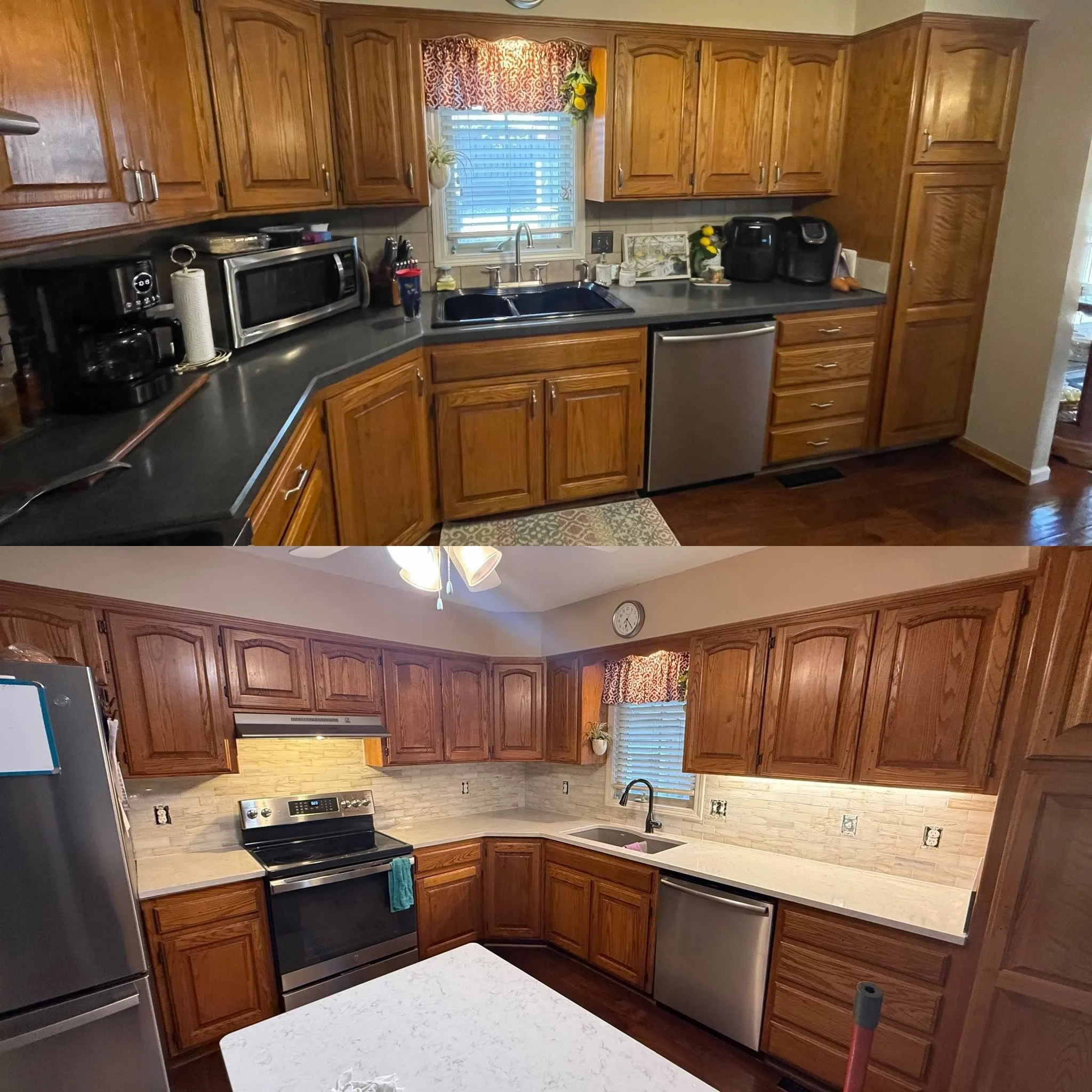 Before and after images of a kitchen renovation. The top image shows an outdated kitchen with dark countertops, wooden cabinets, and appliances including a microwave, coffee maker, and toaster. The bottom image shows the same kitchen after renovation