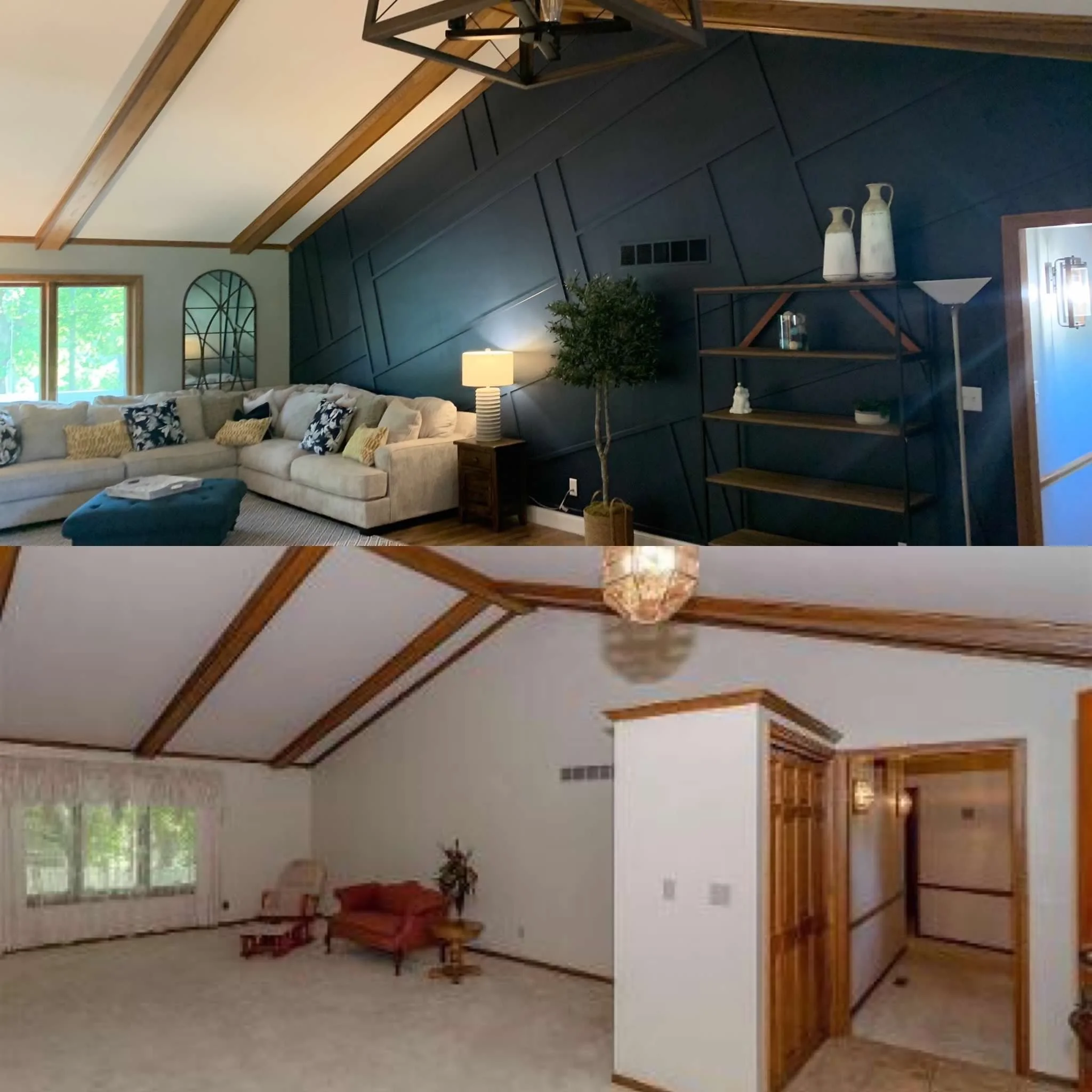 Split-screen image showing two living rooms. The top room has a modern decor with a dark blue accent wall, a beige sectional sofa with pillows, a small side table with a lamp, and a large window. The bottom room has a traditional decor with white wal