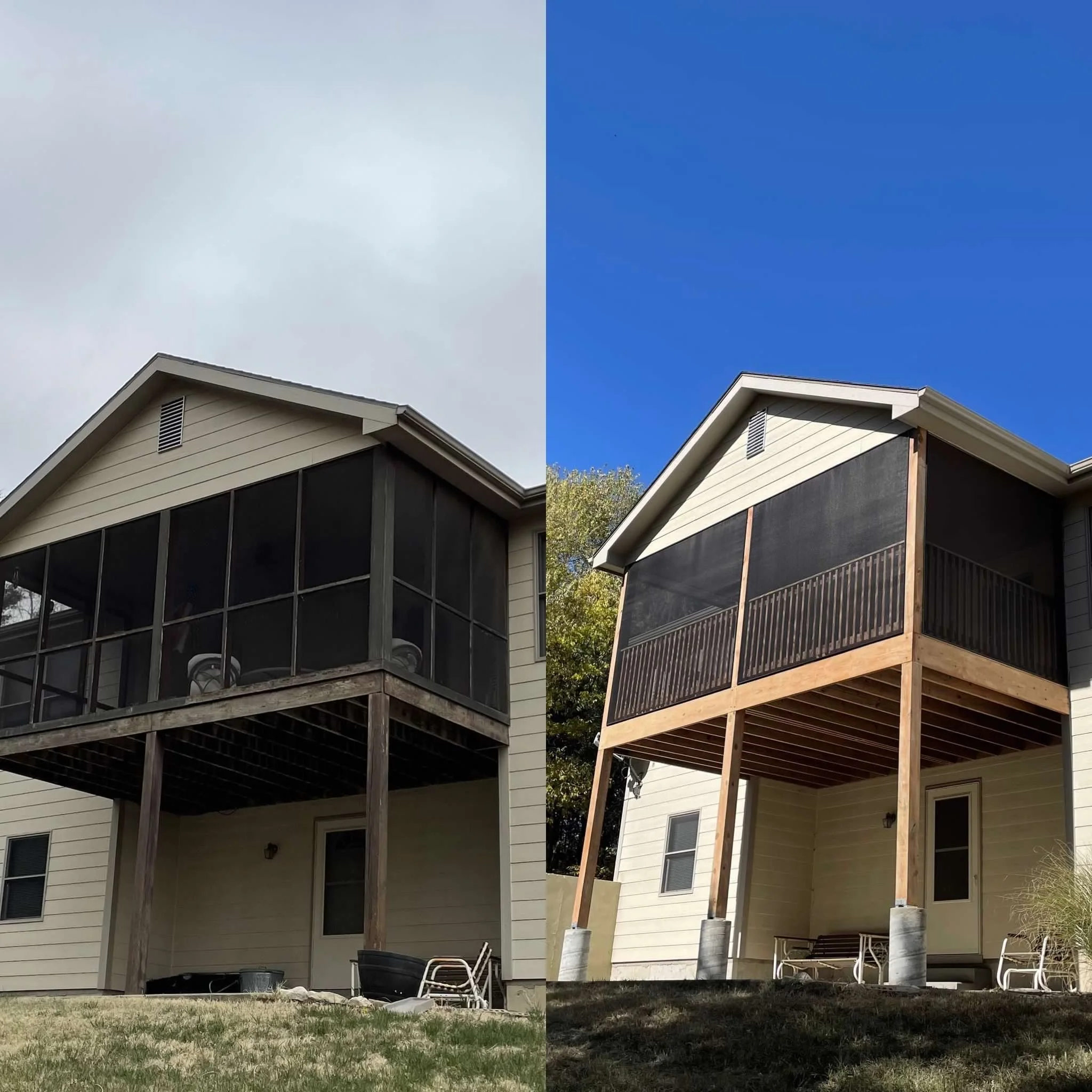 Side-by-side comparison of a two-story house's screened porch, showing before and after renovation. The left side shows an older screened porch with dark screens and weathered wood; the right side shows a renovated porch with new wooden framing, fres