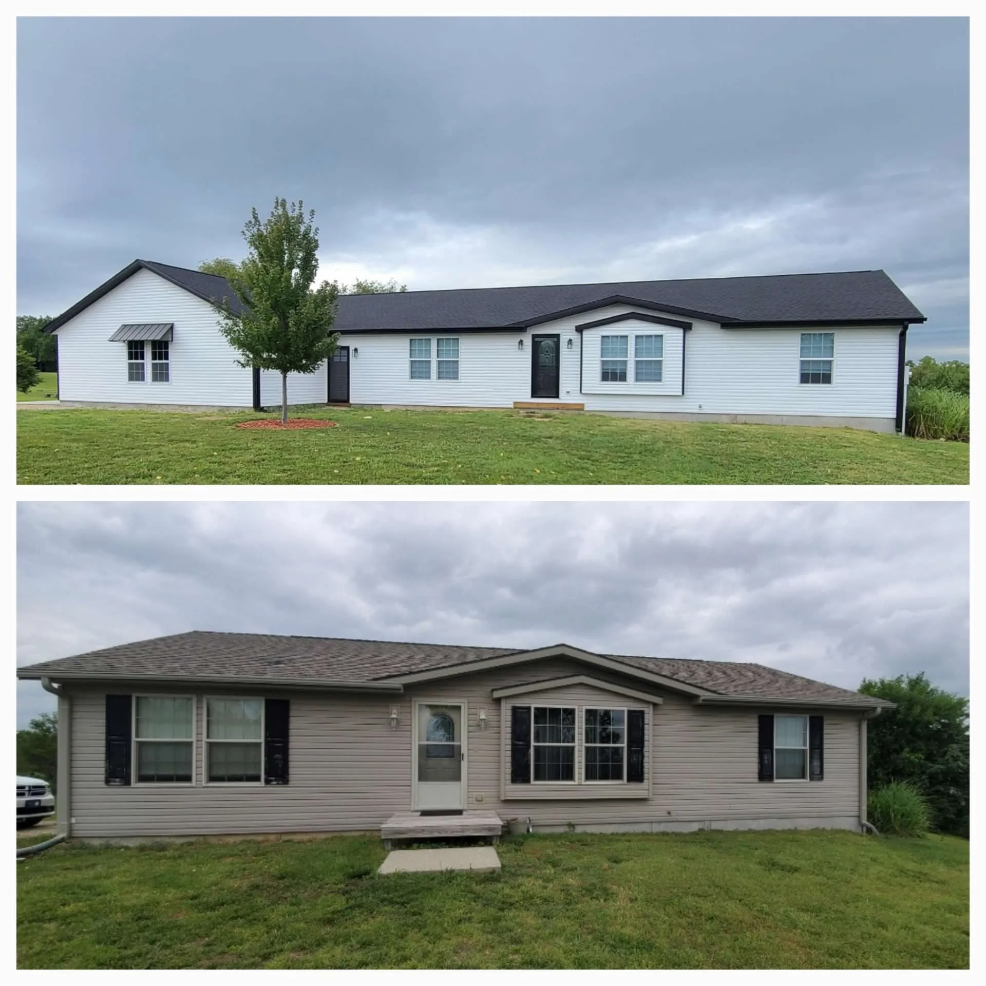 Comparison of the front views of two houses: the top house is a modern, white, single-story home with black roofing, windows, and door, surrounded by a well-manicured lawn, a stepping stone porch, and a small tree. The bottom house is an older, beige