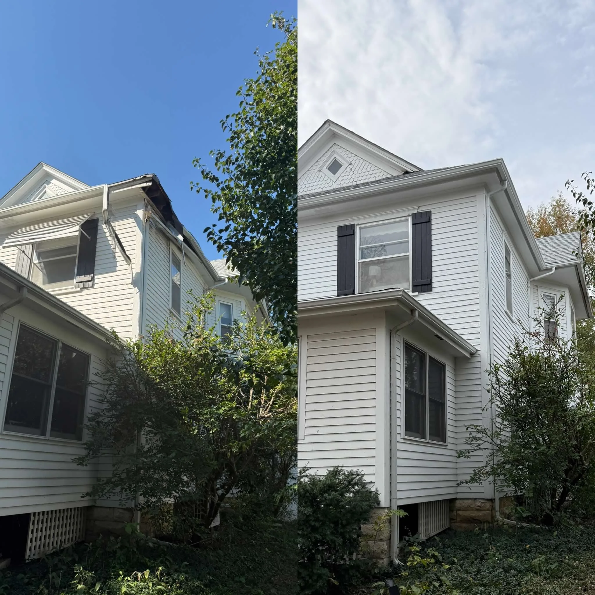 Side-by-side comparison of a two-story white house with black shutters, showing different angles and slight exterior differences, under a blue sky with some clouds, with trees and bushes around the house.