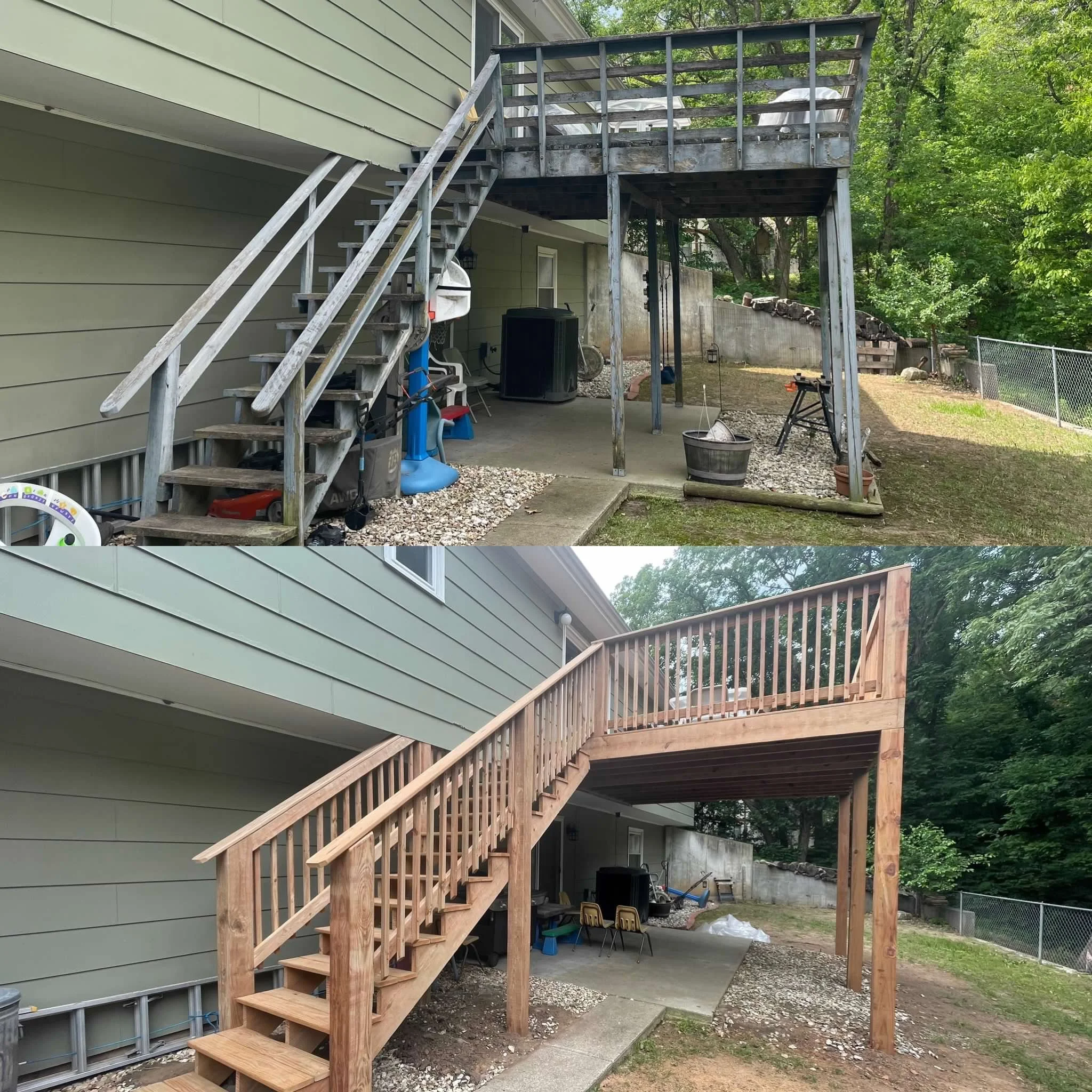 Side-by-side comparison of a wooden deck staircase before and after reconstruction, with a house wall and yard in the background.