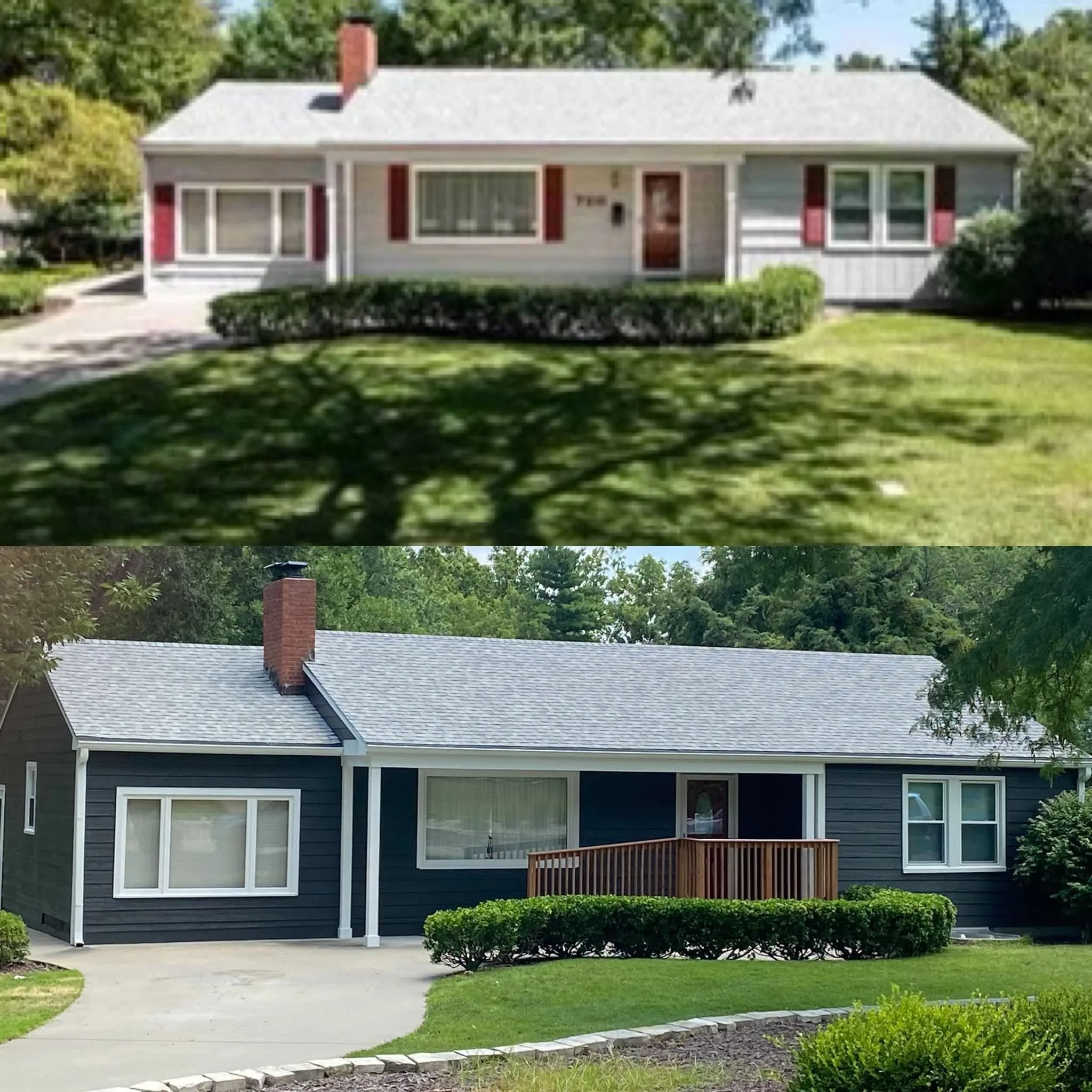 Comparison of a house before and after renovation. The top image shows an older, light-colored house with a front yard and bushes, while the bottom image shows a newly renovated dark-colored house with a similar front yard and bushes.