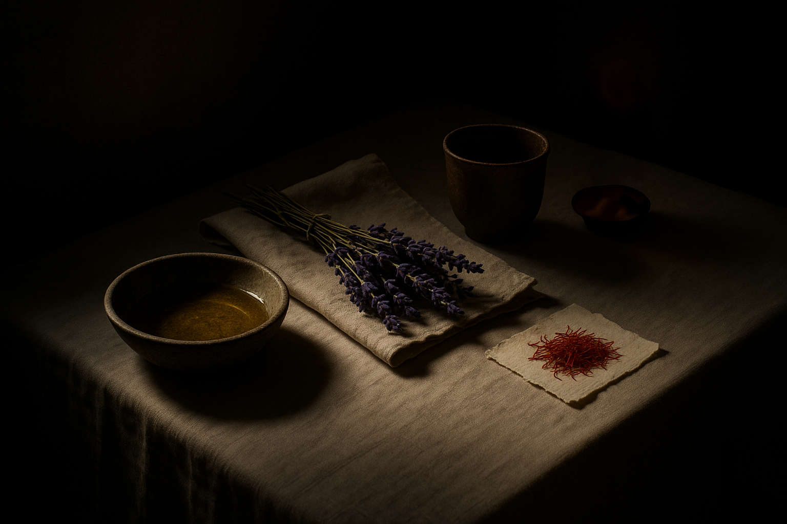 A still life of a beige tablecloth with a bundle of lavender, a small bowl of oil, a dark cup, a tiny dish, and a piece of paper with red threads, all in soft lighting.