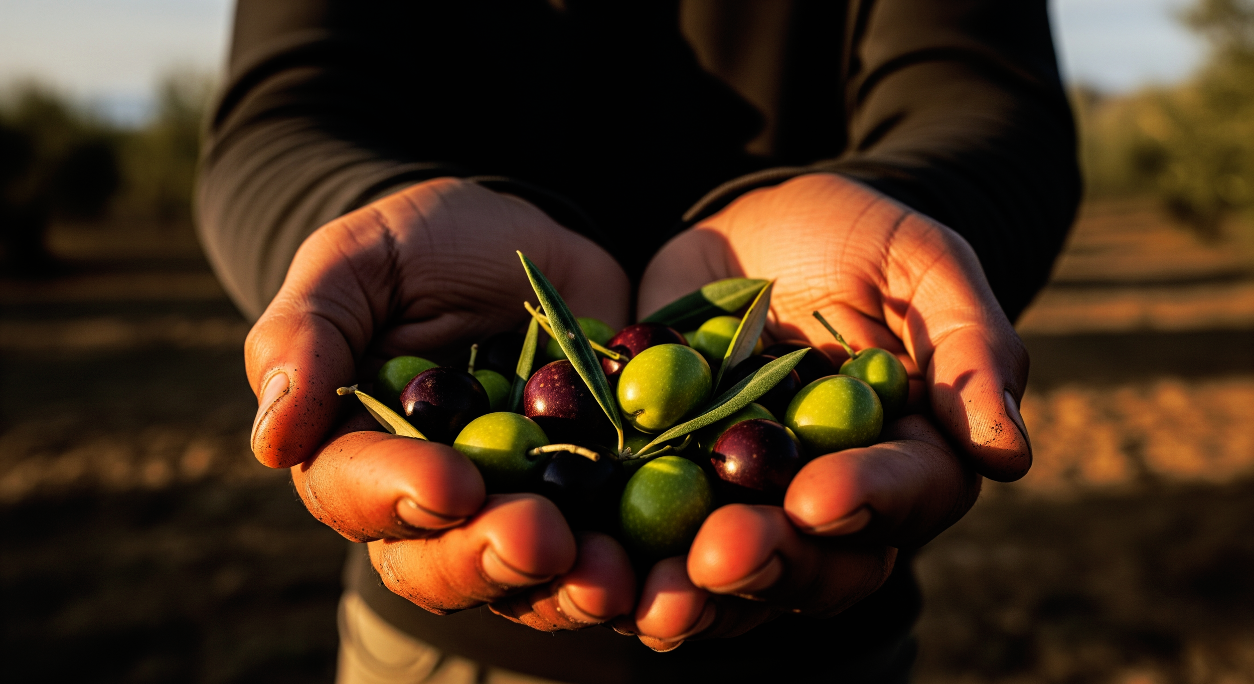 Person holding a handful of green and black olives with leaves in a field during sunset.