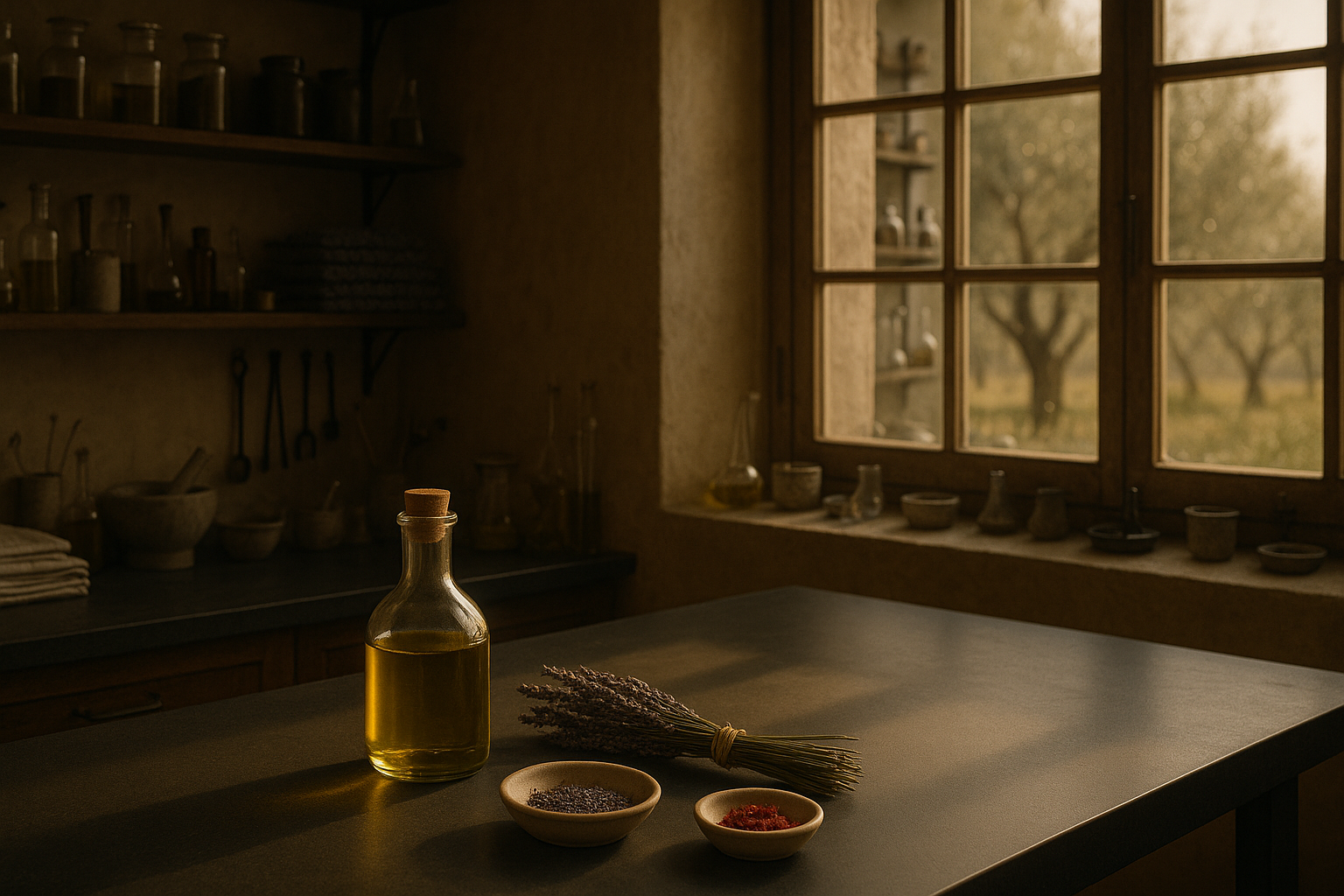 A cozy kitchen with a large window showing trees outside. On the dark countertop, there's a glass bottle of olive oil, dried lavender, and small bowls of spices. Shelves with jars and kitchen utensils are visible in the background.