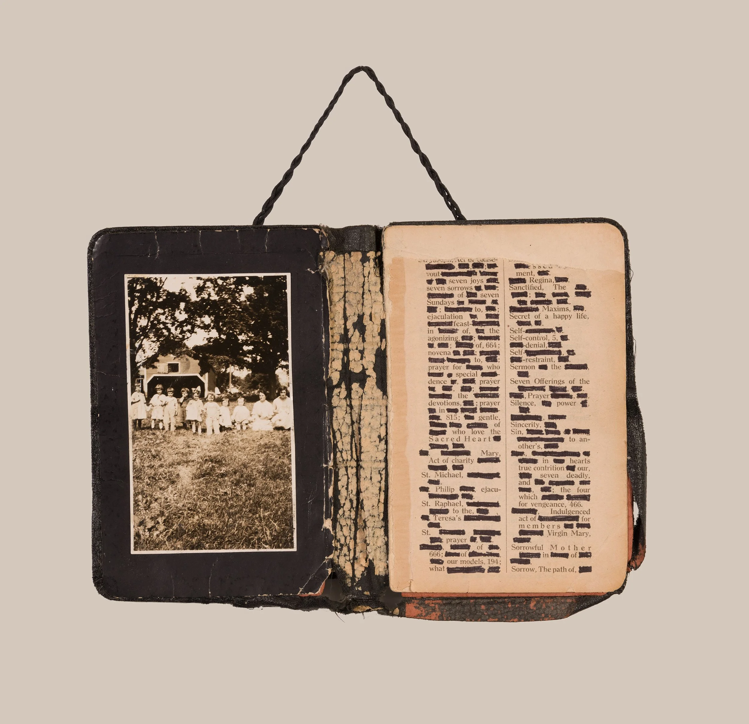 Save Their Souls - deconstructed vintage family bible, vintage family photograph, wax cord, black marker  6.25 x 8.5 inches