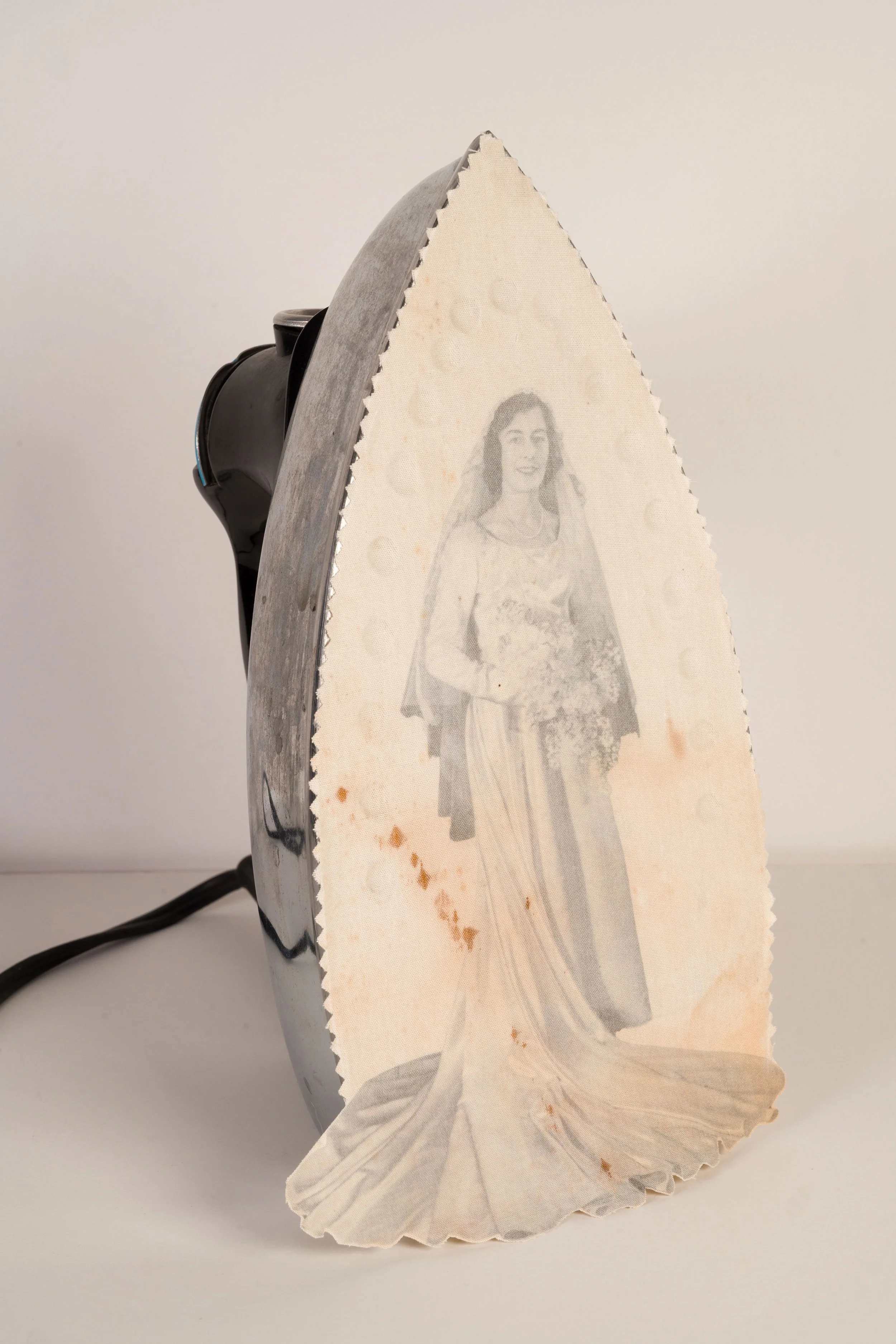 Vows of Iron - vintage: iron, family photograph, muslin 9.5 x 7.5 x 6 inches