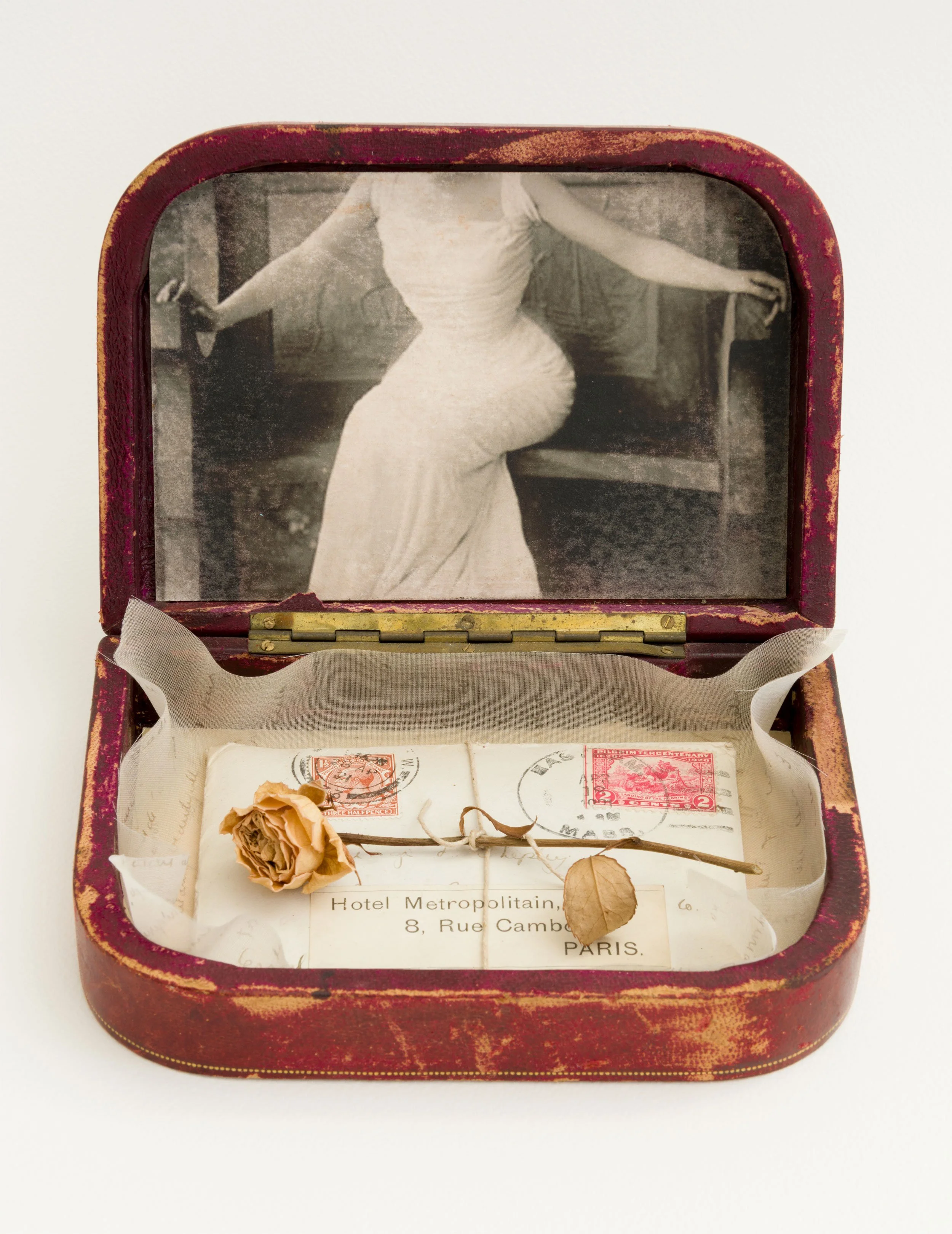 'The Affair' - vintage red leather box, vintage photograph, vintage handwritten letter, printed silk organza, dried rose, cotton cording 
4.75 x 6.5 x 1.75 inches (closed)
