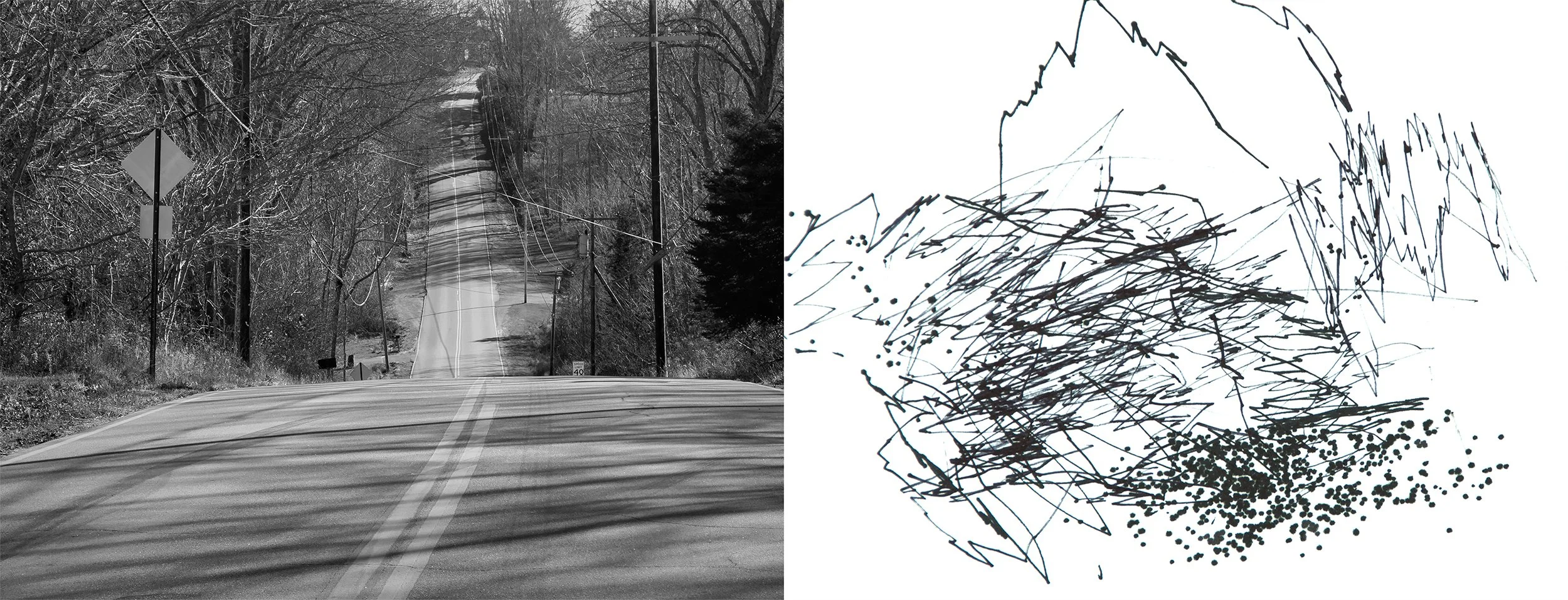 Drawing The Maine Roads IV - archival pigment print, ink drawing, 6 x 16 inches