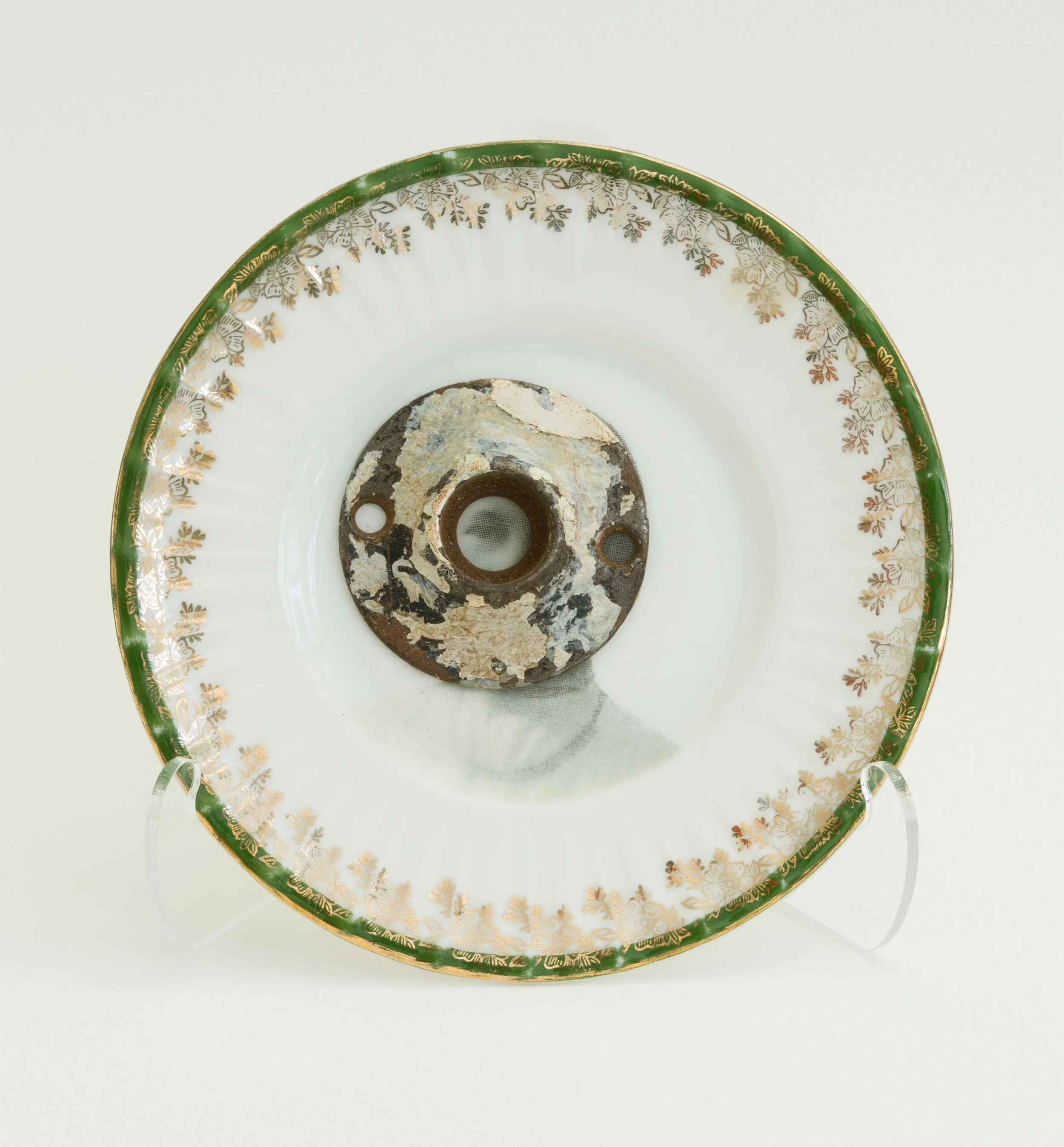 'Eyeing You' - vintage tea saucer, vintage escutcheon, vintage photograph, silk organza 5.25 x 5.25 x .05 inches