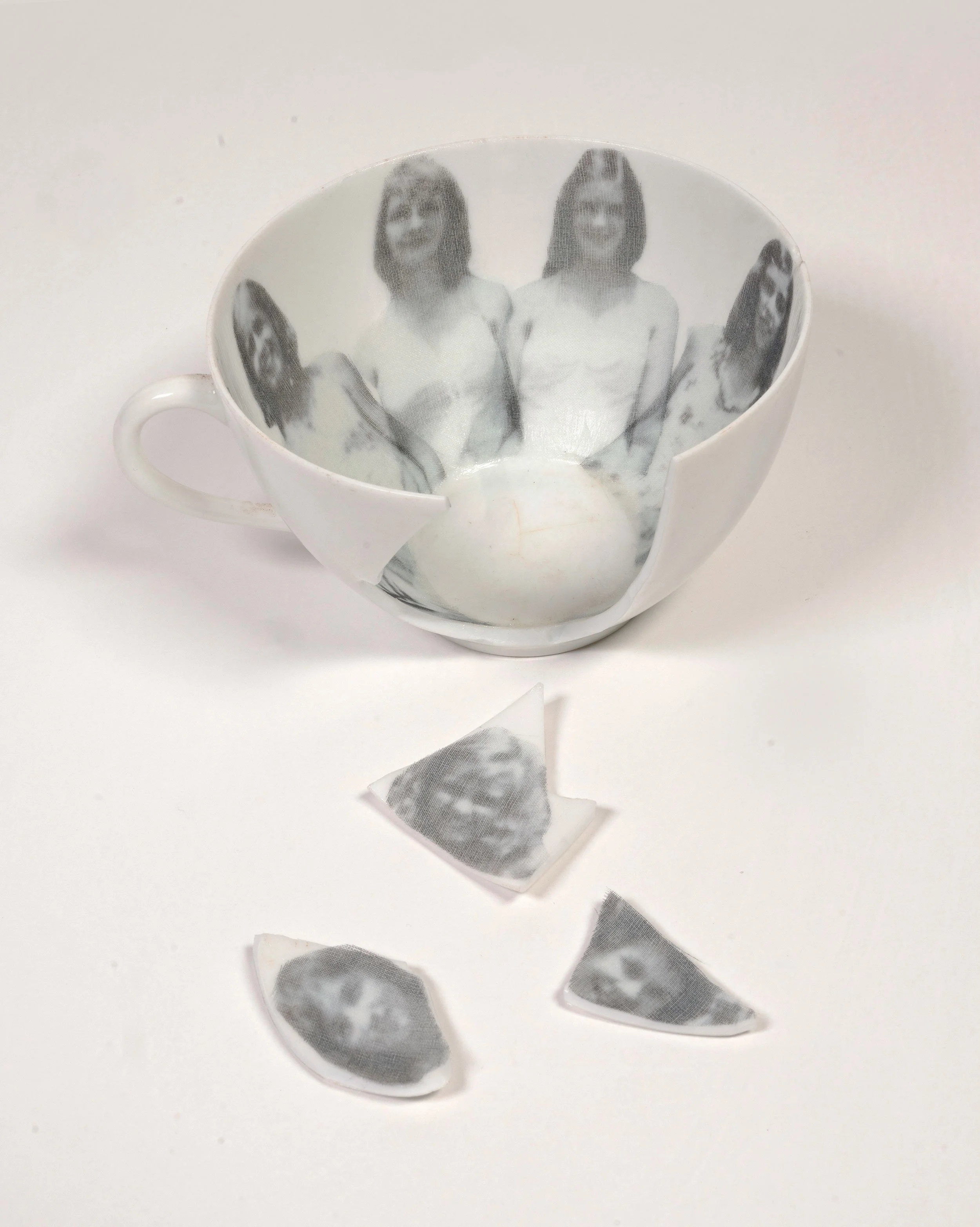 Fragile Bonds - vintage teacup, vintage family photograph, silk organza  2.5 x 5 x 5 inches